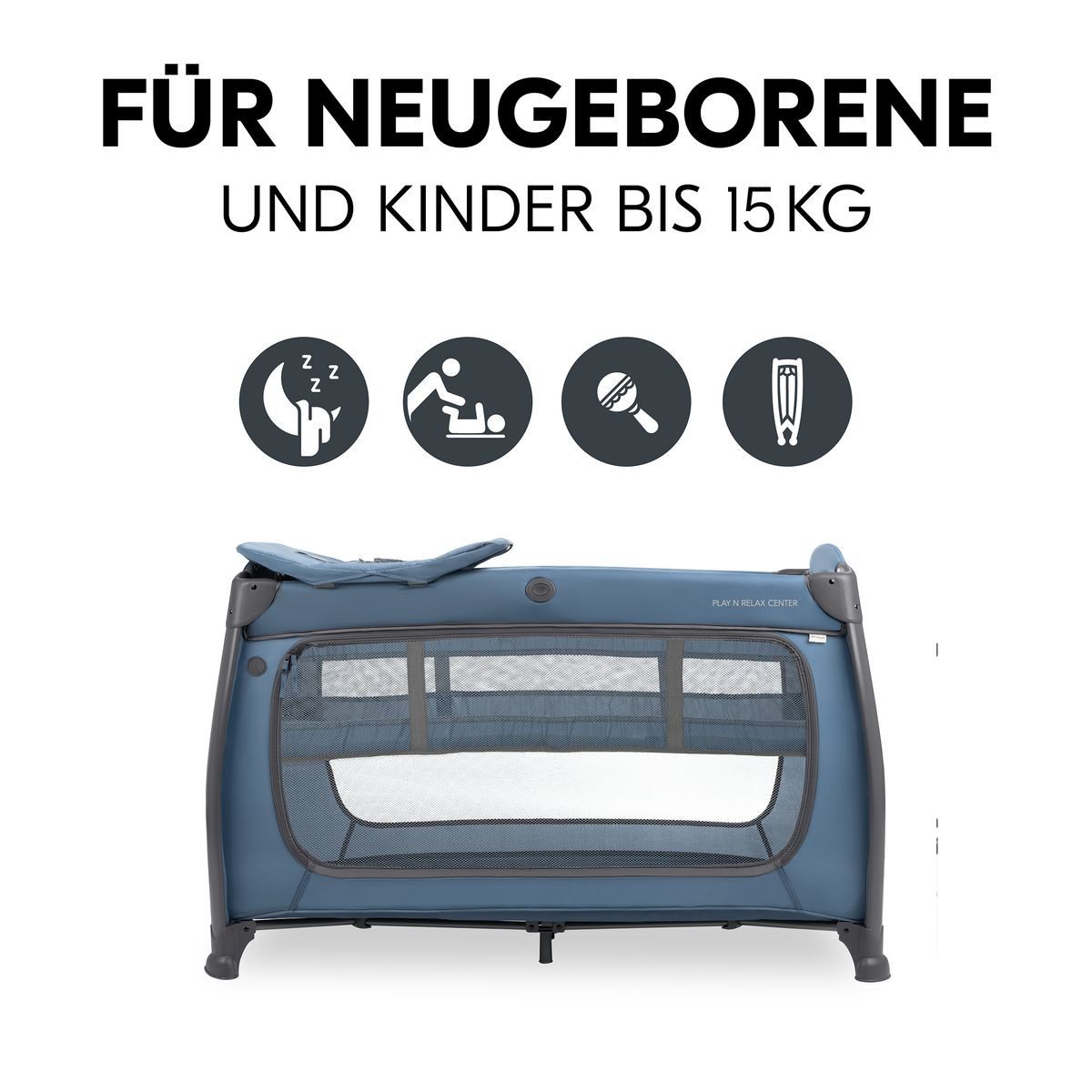 Hauck Baby-Reisebett Play N Relax Center Set - Dark Blue, Babyreisebett mit Matratze, Insektenschutz, Wickelauflage & Einhang