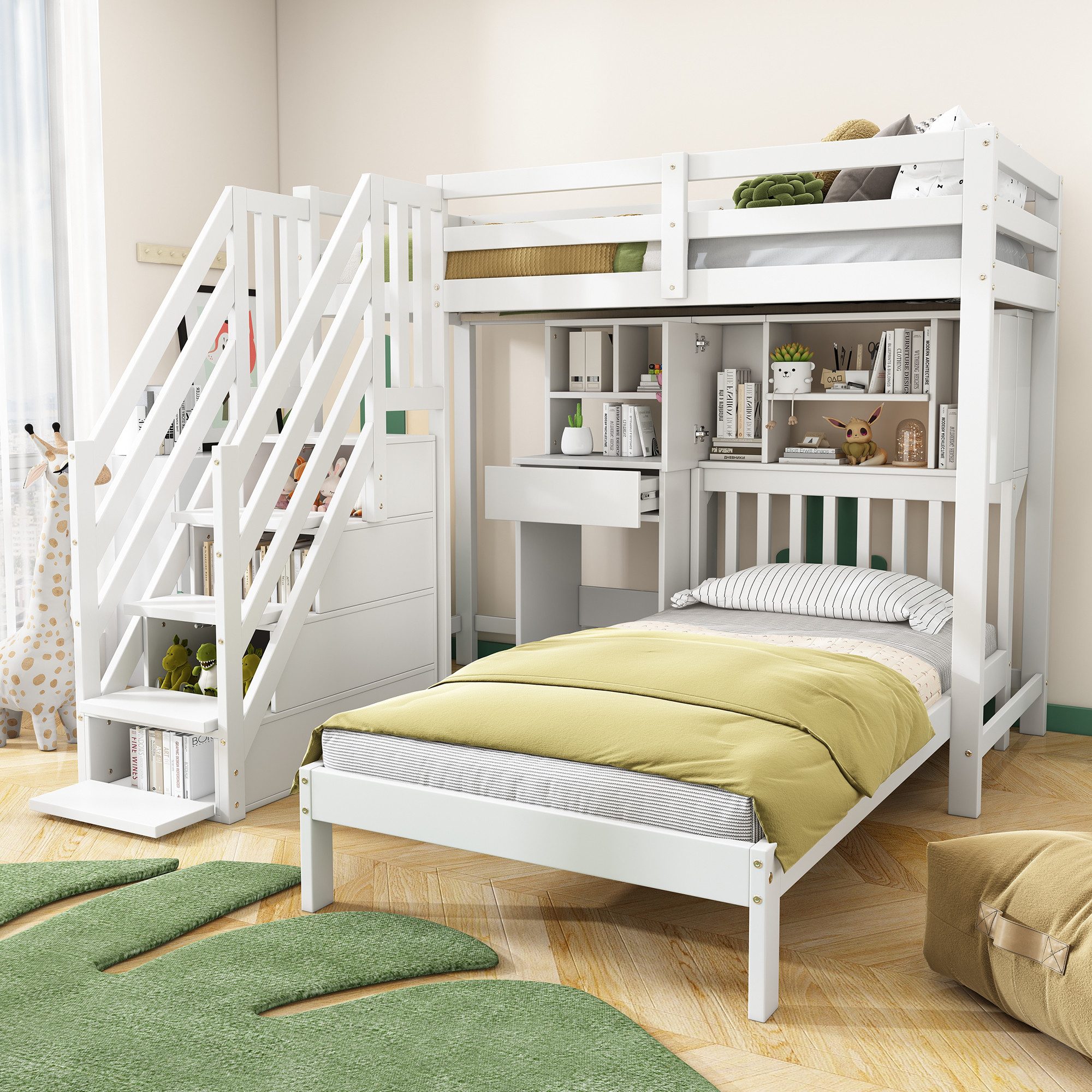 Flieks Etagenbett, Kiefernholz Kinderbett mit Schreibtisch günstig online kaufen