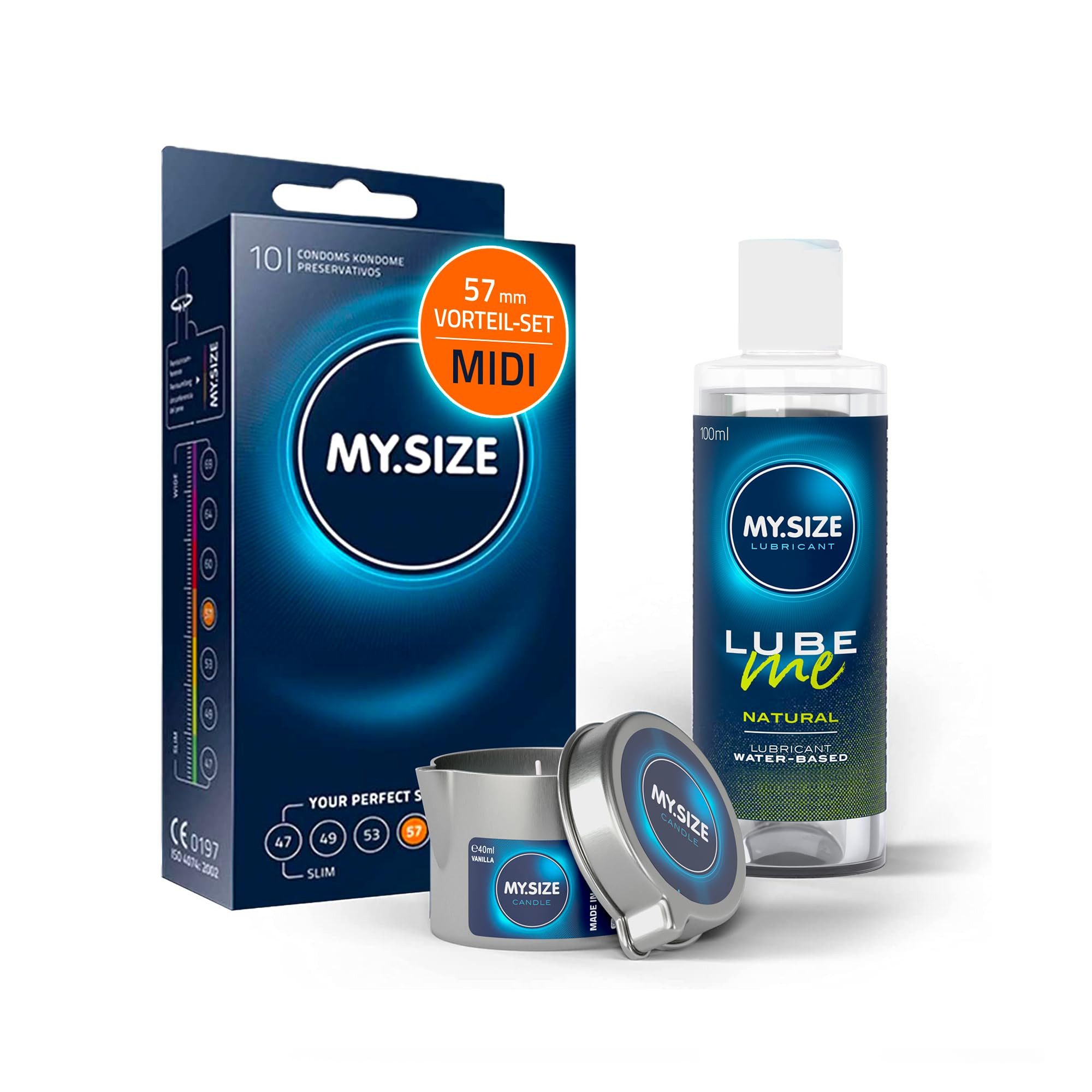 MY.SIZE Kondome MY.SIZE Vorteilspack Set, 10 Kondome + 100 ml MY.SIZE Natural Gleitgel + Massagekerze