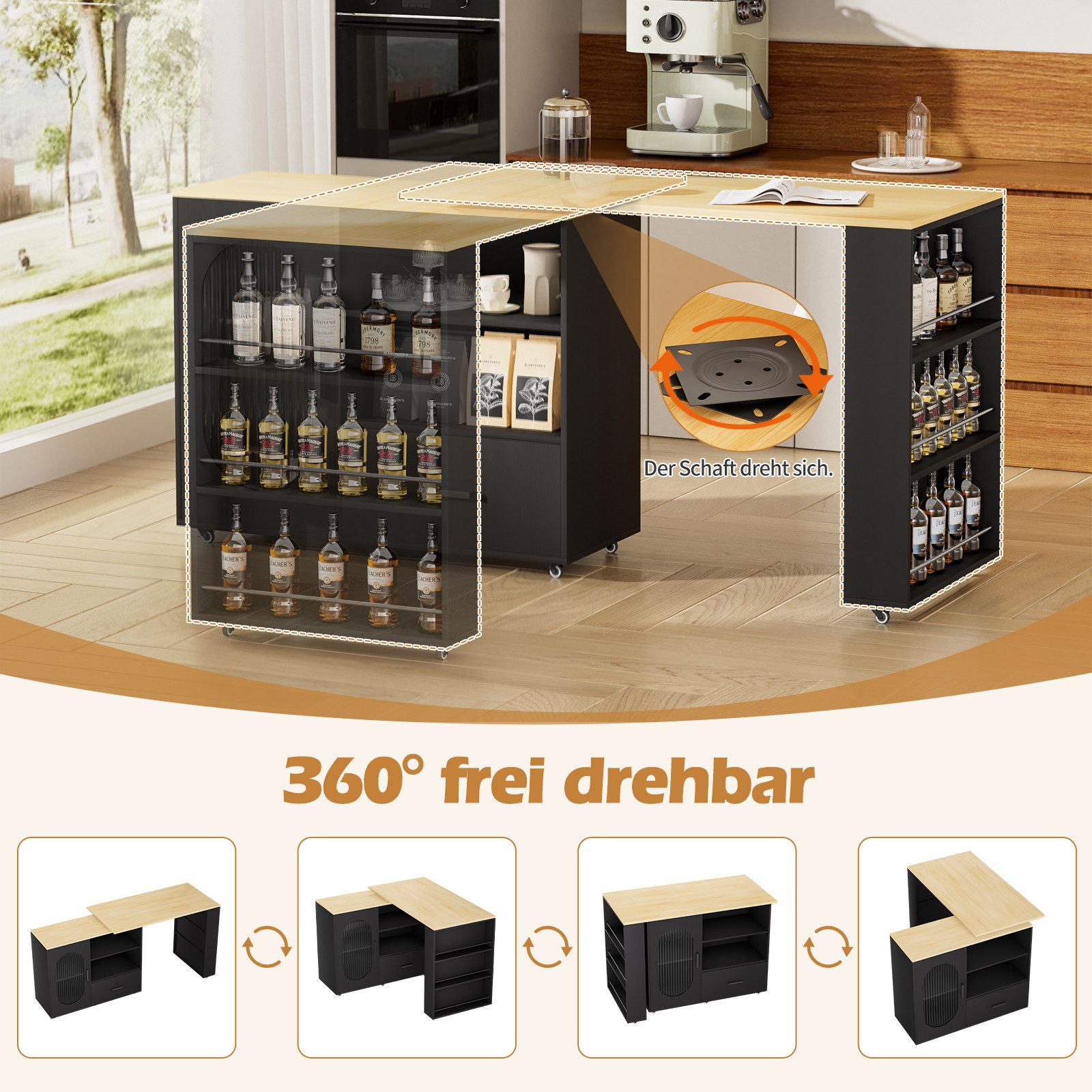 TWSOUL Bartisch Bartisch mit Stauraum & 360° Drehfunktion, Rollbare Kücheninsel mit LED, Schublade & ausziehbarem Tisch