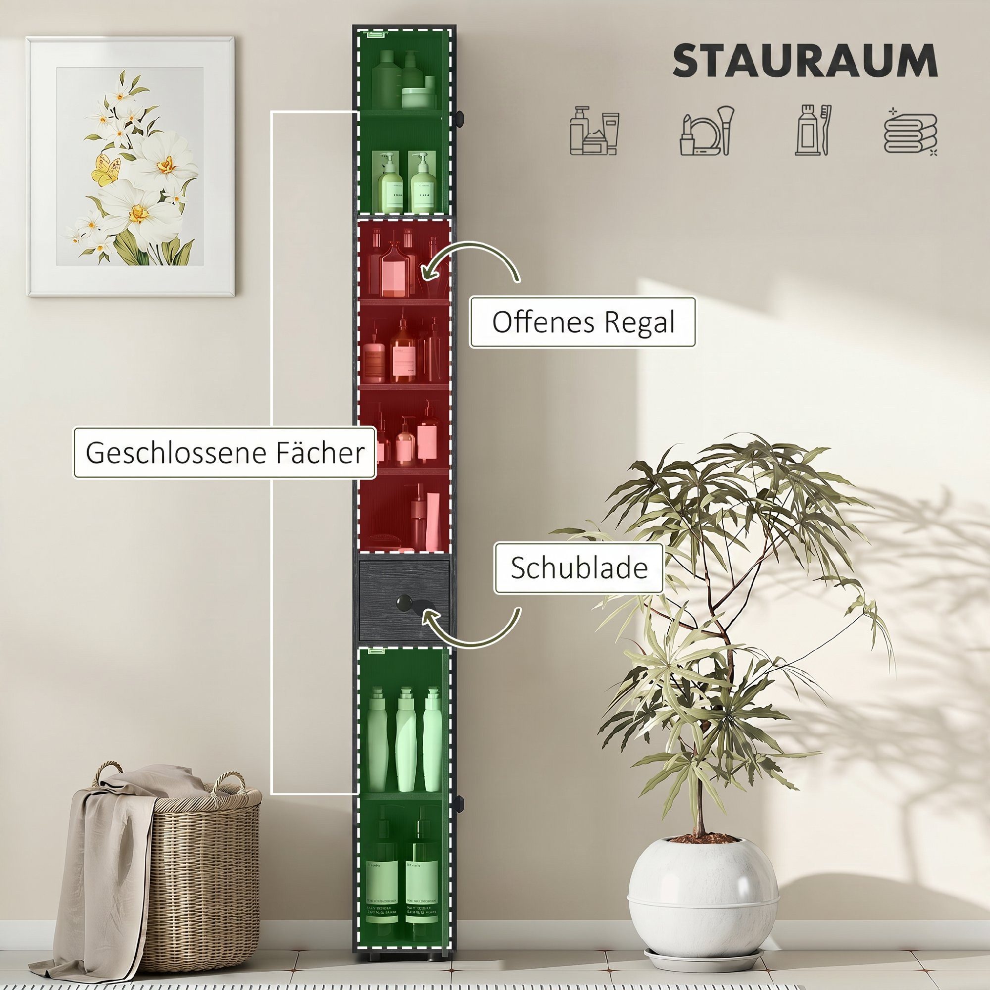 Kleankin Badkommode Hochschrank Toilettenschrank (schmaler Badezimmer-Aufbewahrungsschrank, 1 St., mit Schublade, verstellbaren Regalen), 20 x 20 x 180 cm, Schw – Bild 4 von 5