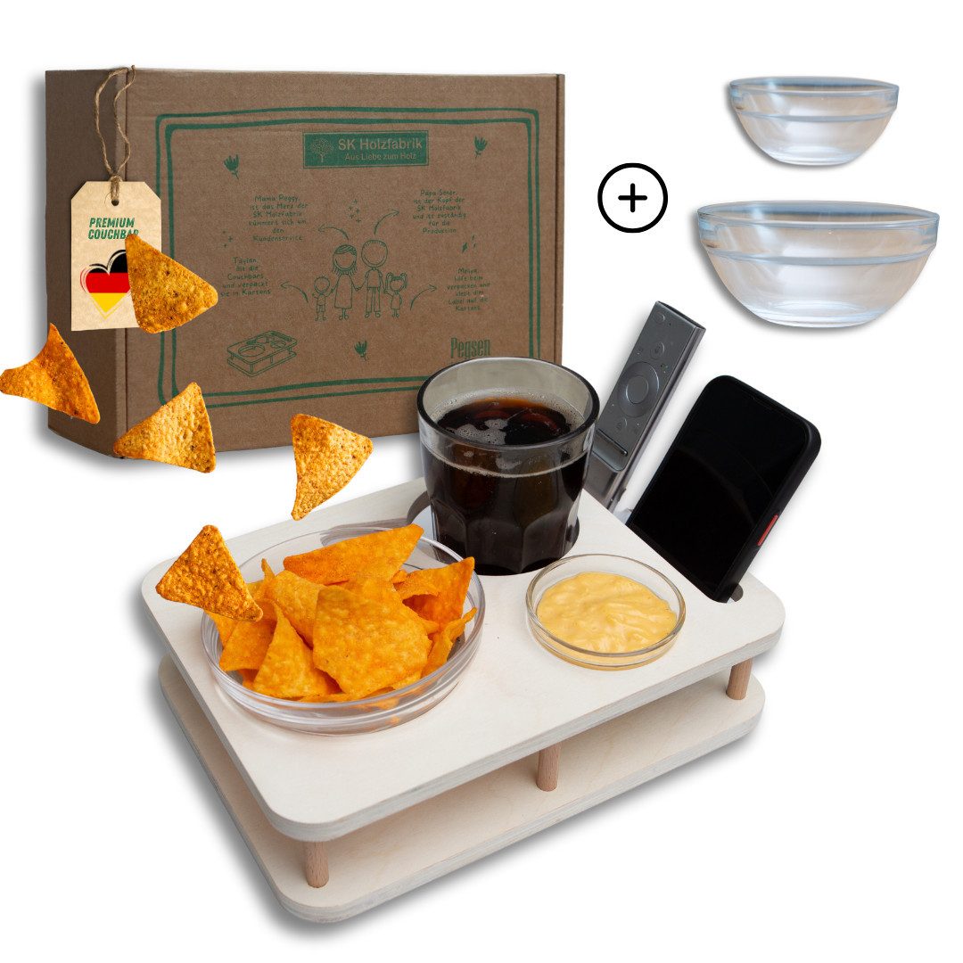 PEGSEN Servierplatte Couchbar Snackbar YOLO mit 2 Glasschalen, Getränke und Snacks stehen stabil und sicher