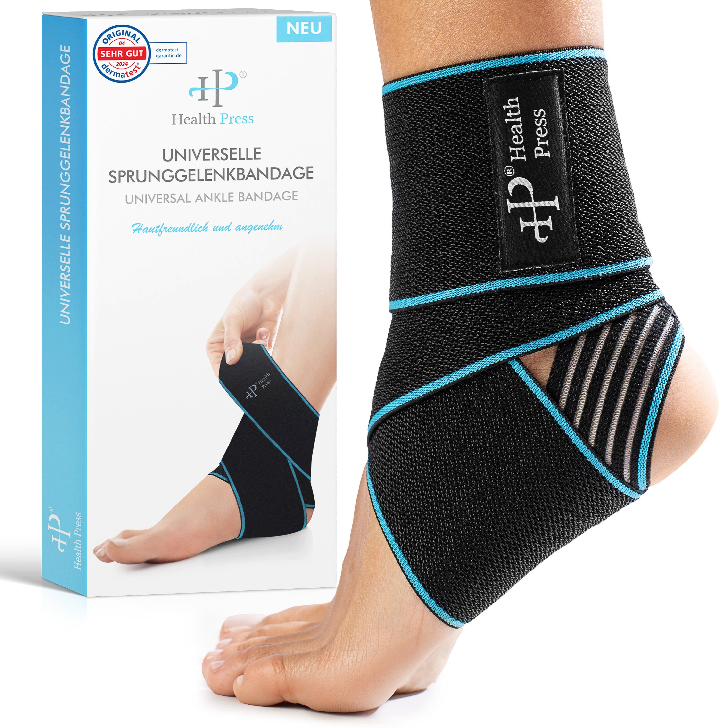 Health Press Sprunggelenkbandage – Universelle Sprunggelenkorthese, Sprunggelenkstütze & Knöchelbandage (Damen & Herren, 1er-Set), dermatologisch getestet