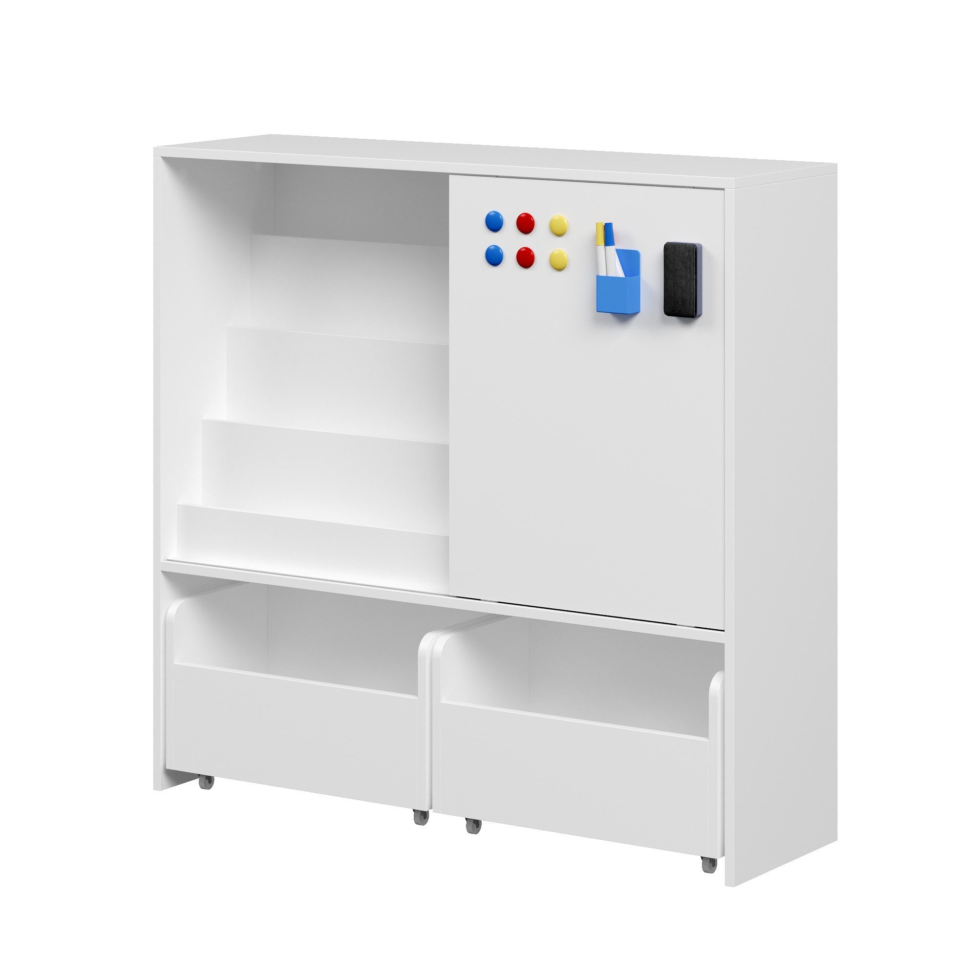 FUFU&GAGA Spielzeugtruhe Magnetisches Whiteboard-Bücherregal mit 2 Schubladen auf Rollen