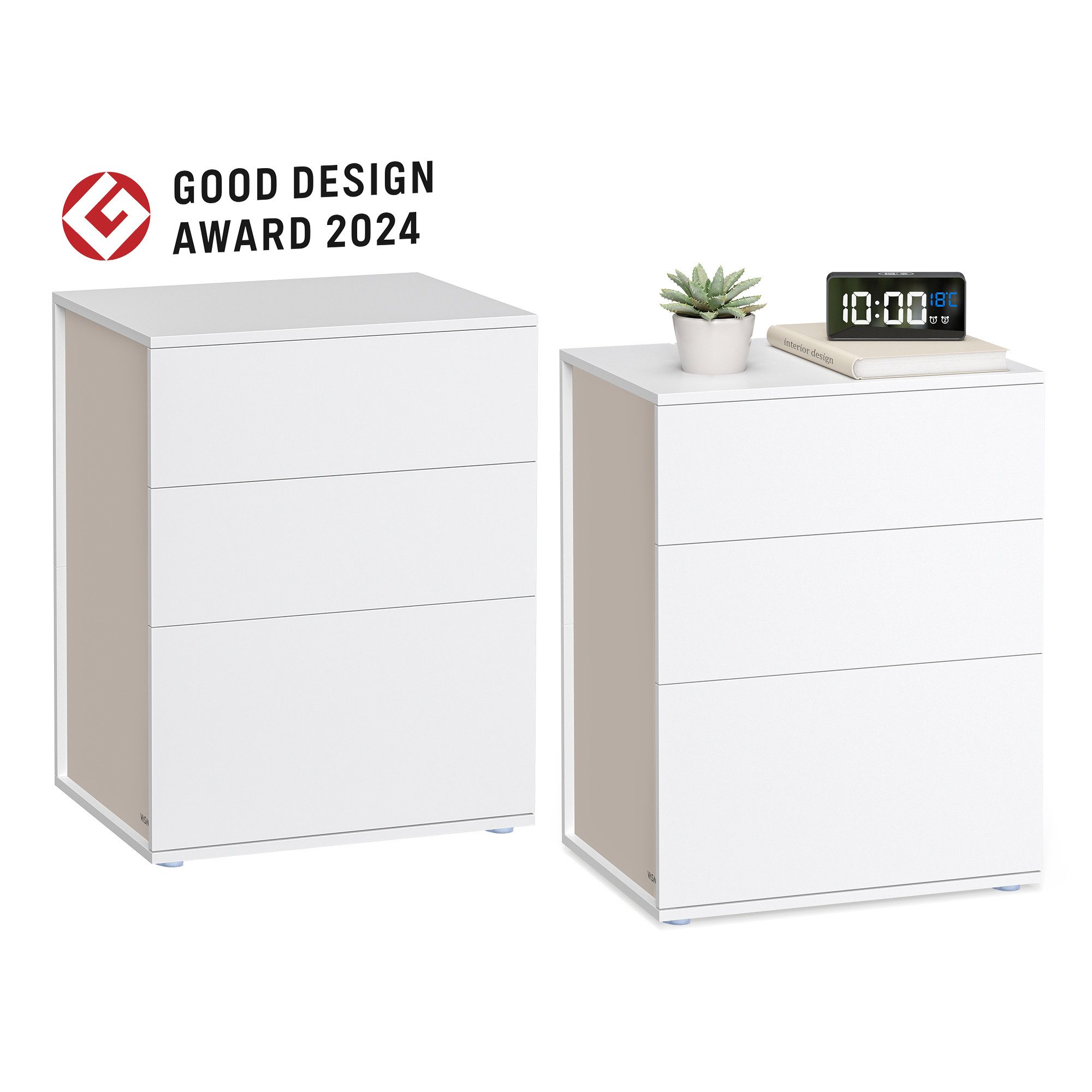 VASAGLE Nachttisch Nachtschrank, Toolless-Technologie, superschnelle werkzeuglose Montage (2-St), Schlafzimmer, Wohnzimmer, Beistelltisch 3 Schubladen, 2er Set