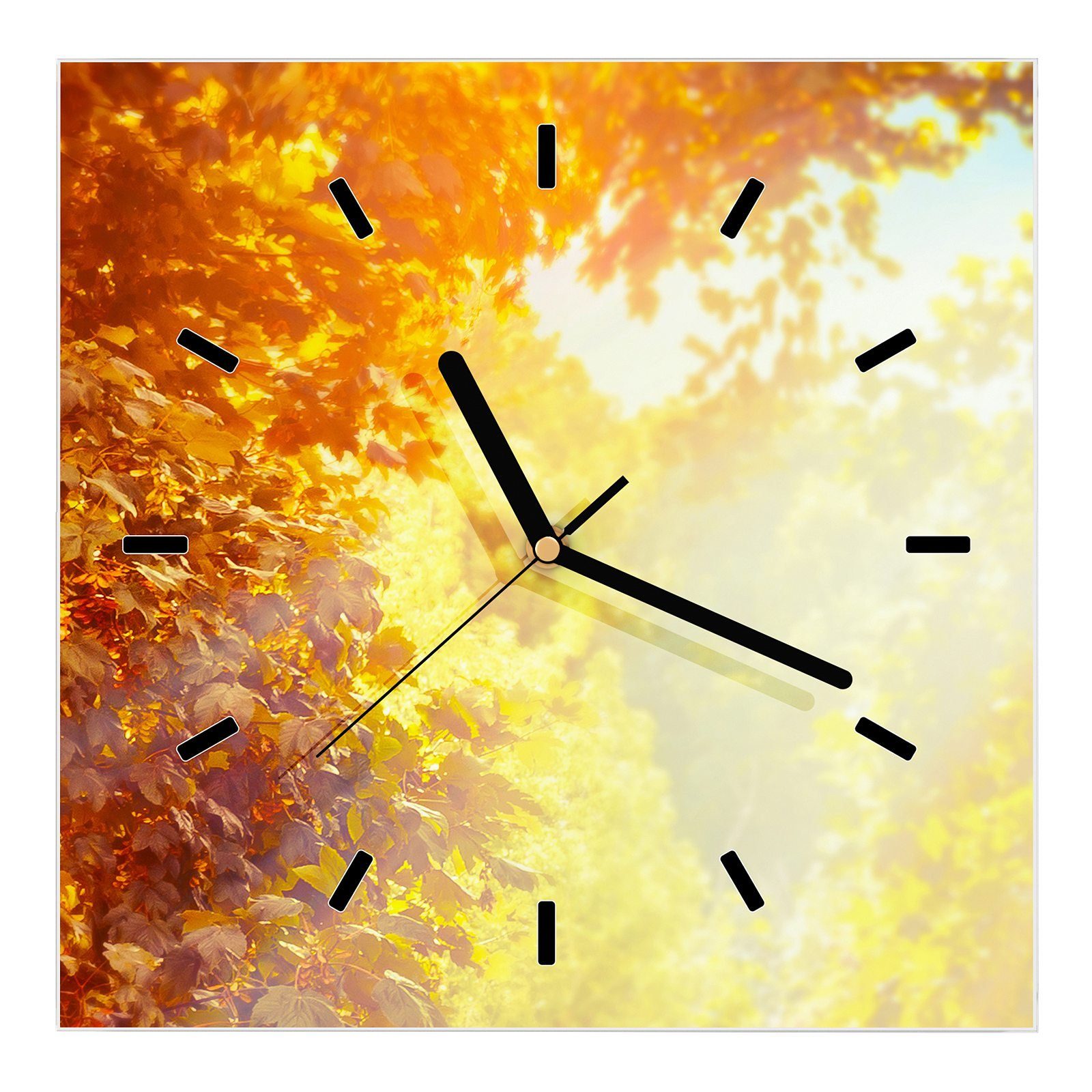 Primedeco Wanduhr Glasuhr Wanduhr Wandkunst Größe 30 x 30 cm mit Motiv Sonne im Herbst