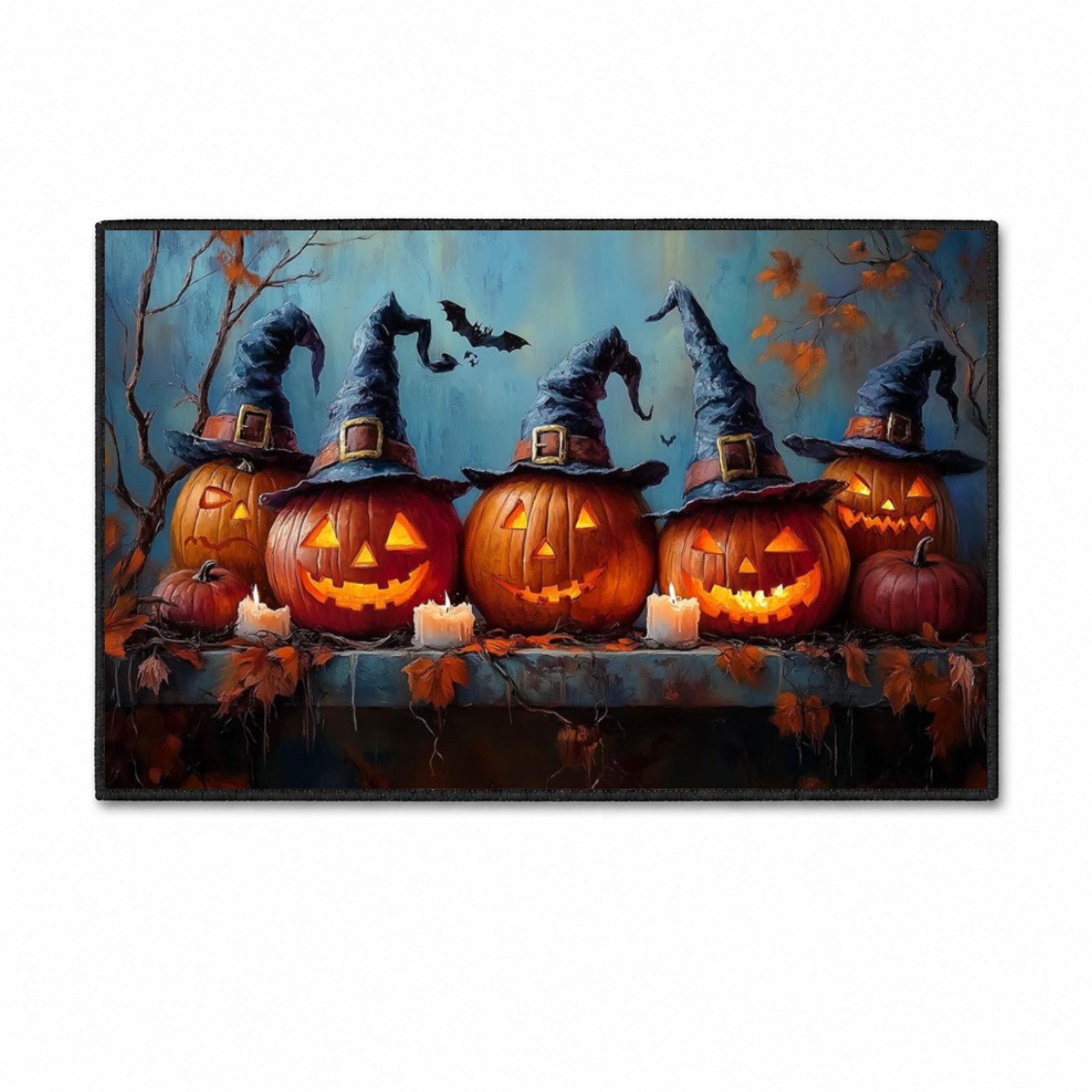 Jumpeak Teppich Halloween Teppich Kürbis‑Hexenhut Motiv, Fledermaus Herbst Design, Rechteckig, Höhe: 5 mm, rutschfest, weich für Wohn‑ und Eingangsbereich