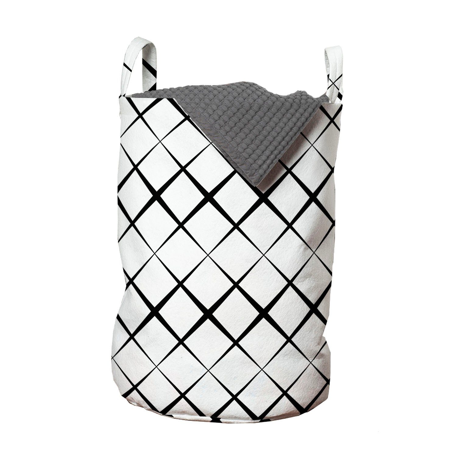Abakuhaus Wäschesäckchen Wäschekorb mit Griffen Kordelzugverschluss für Waschsalons, Schwarz und weiß Gitternetzlinien