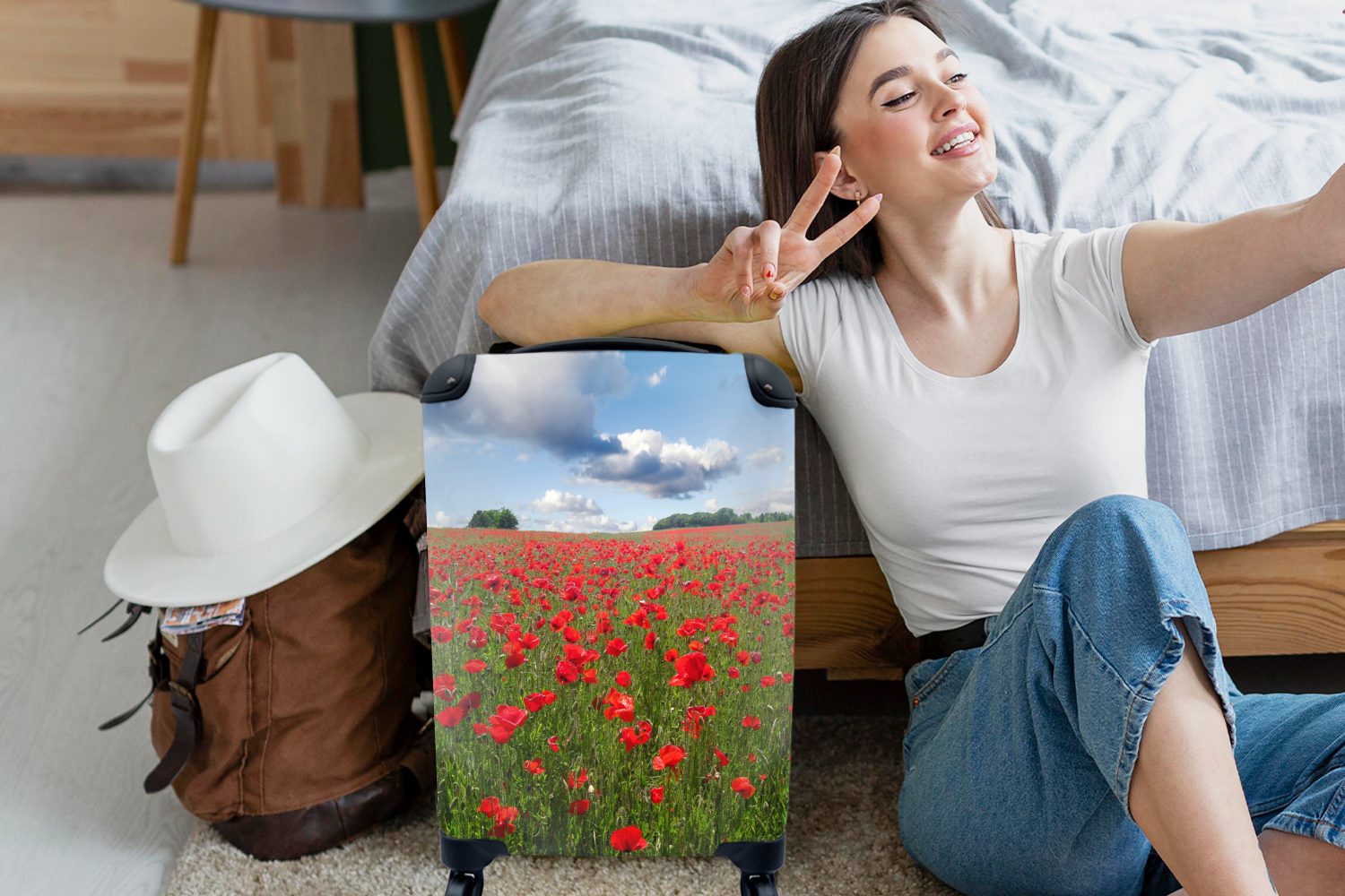 MuchoWow Handgepäckkoffer Mohnblumen - Himmel Ferien, für Blumen, mit Trolley, Reisekoffer Rollen, rollen, 4 Reisetasche - Handgepäck