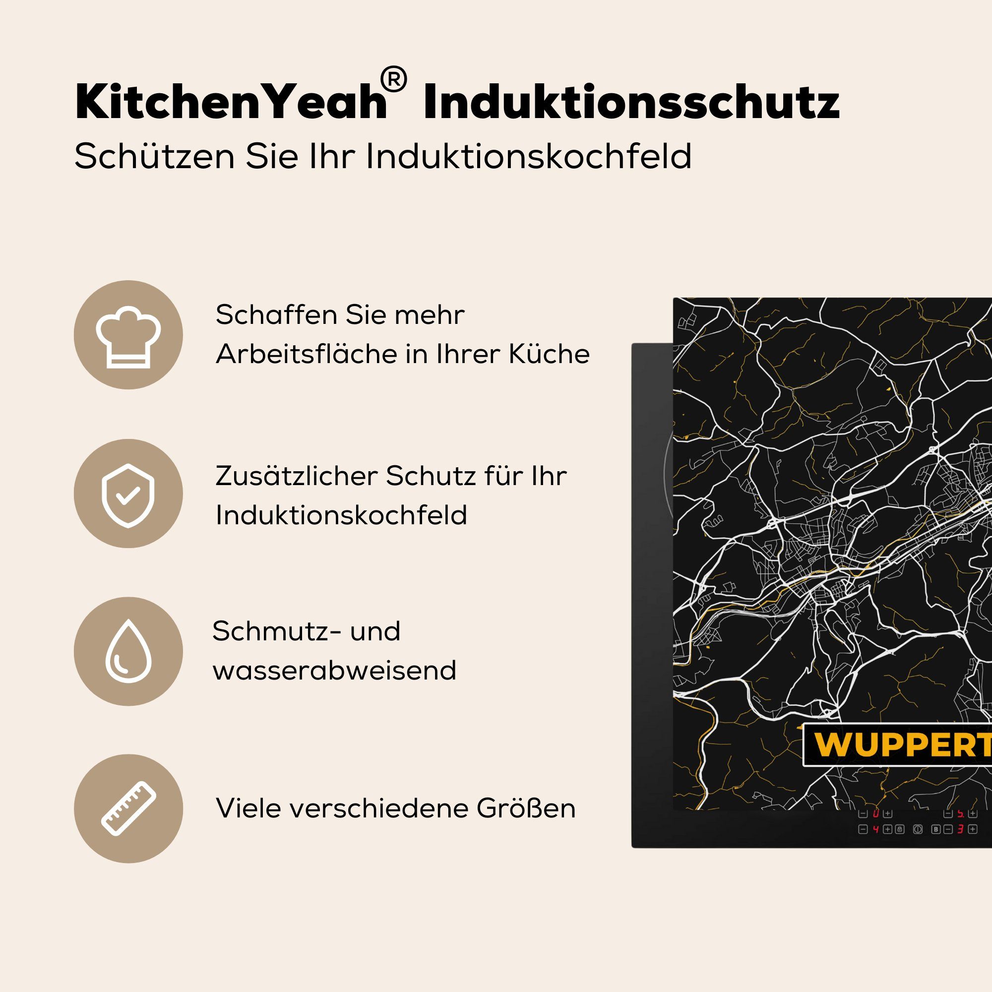 (1 Wuppertal - - Karte küche für Vinyl, 78x78 Gold Deutschland, MuchoWow Stadtplan - Herdblende-/Abdeckplatte tlg), Arbeitsplatte Ceranfeldabdeckung, cm, -
