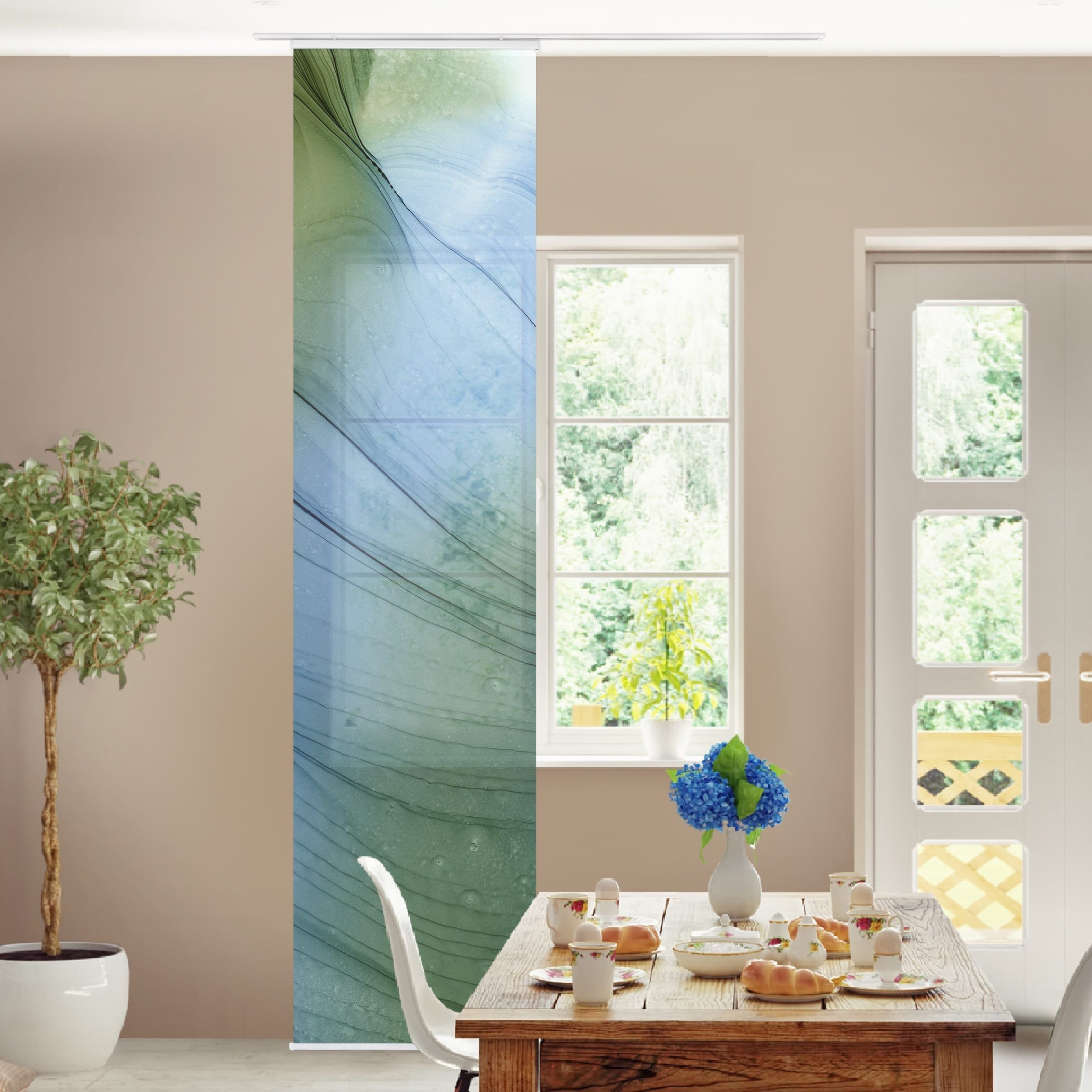 Bilderdepot24 Schiebegardine Flächenvorhang blickdicht Meliertes Moosgrün Blau (1 St), halbtransparent, Wohnzimmer große Flächengardine lichtdurchlässig für Klemm-System