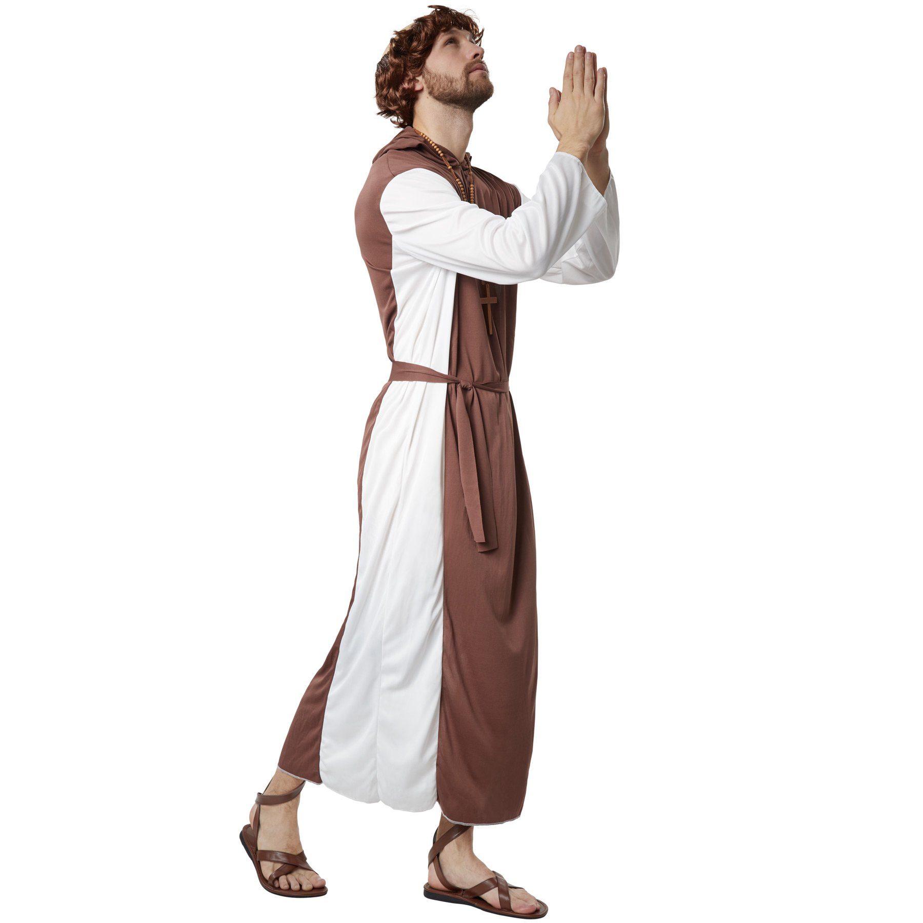 dressforfun Kostüm Priester/Geistlicher, Gr. L, Knöchellanges Gewand aus braunem Stoff, in braun/weiß, luftig zu tragen, Kette mit Perlen und Kreuz aus Holz