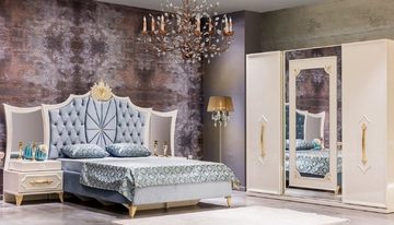Casa Padrino Bett Schlafzimmer Set Blau / Weiß / Gold - 1 Doppelbett mit Kopfteil & 2 Nachttische mit Spiegel - Schlafzimmer Möbel - Edel & Prunkvoll