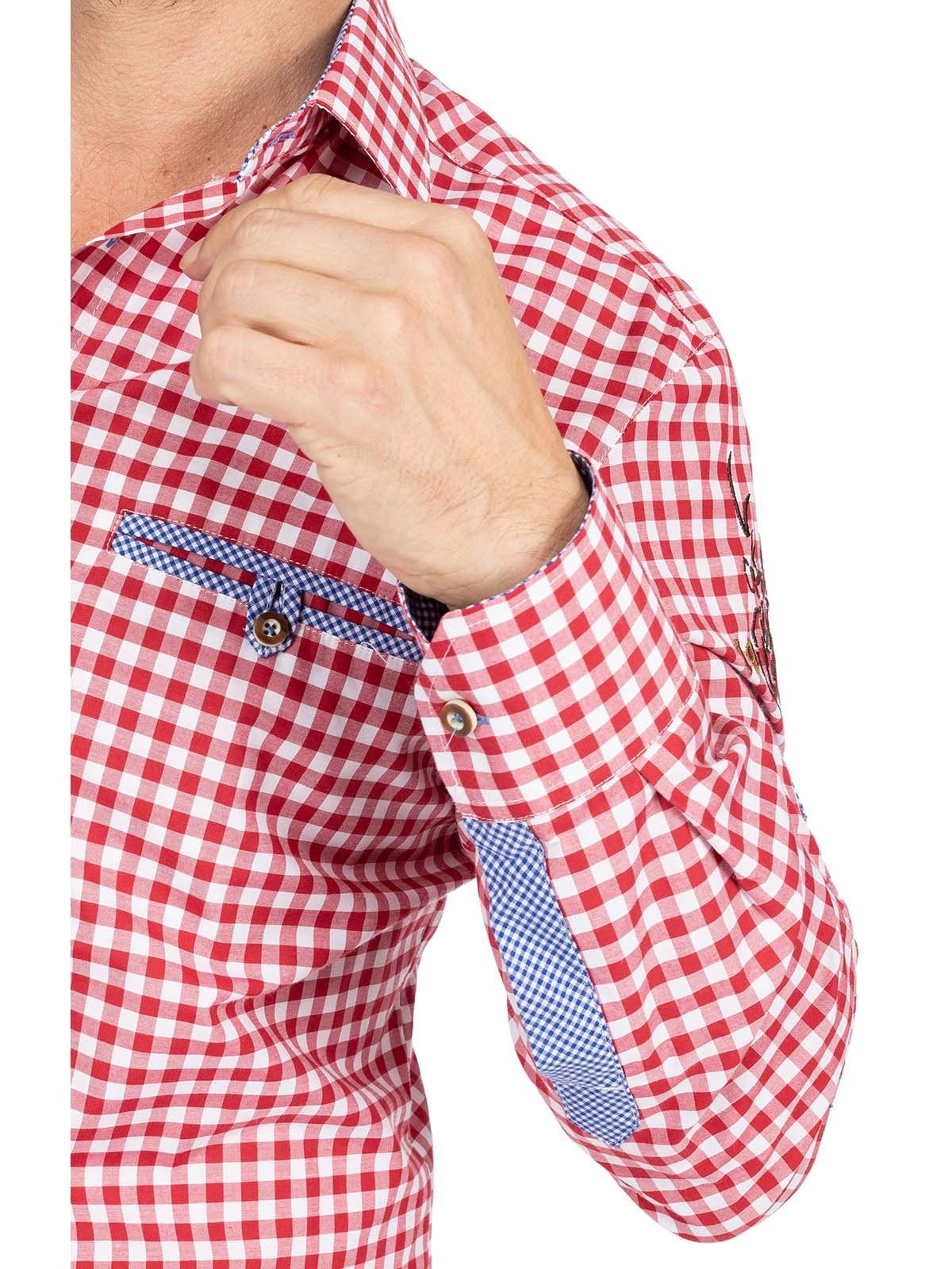 OS-Trachten Trachtenhemd (Slim Karo Fit) HIRSCHKOPP rot Langarmhemd