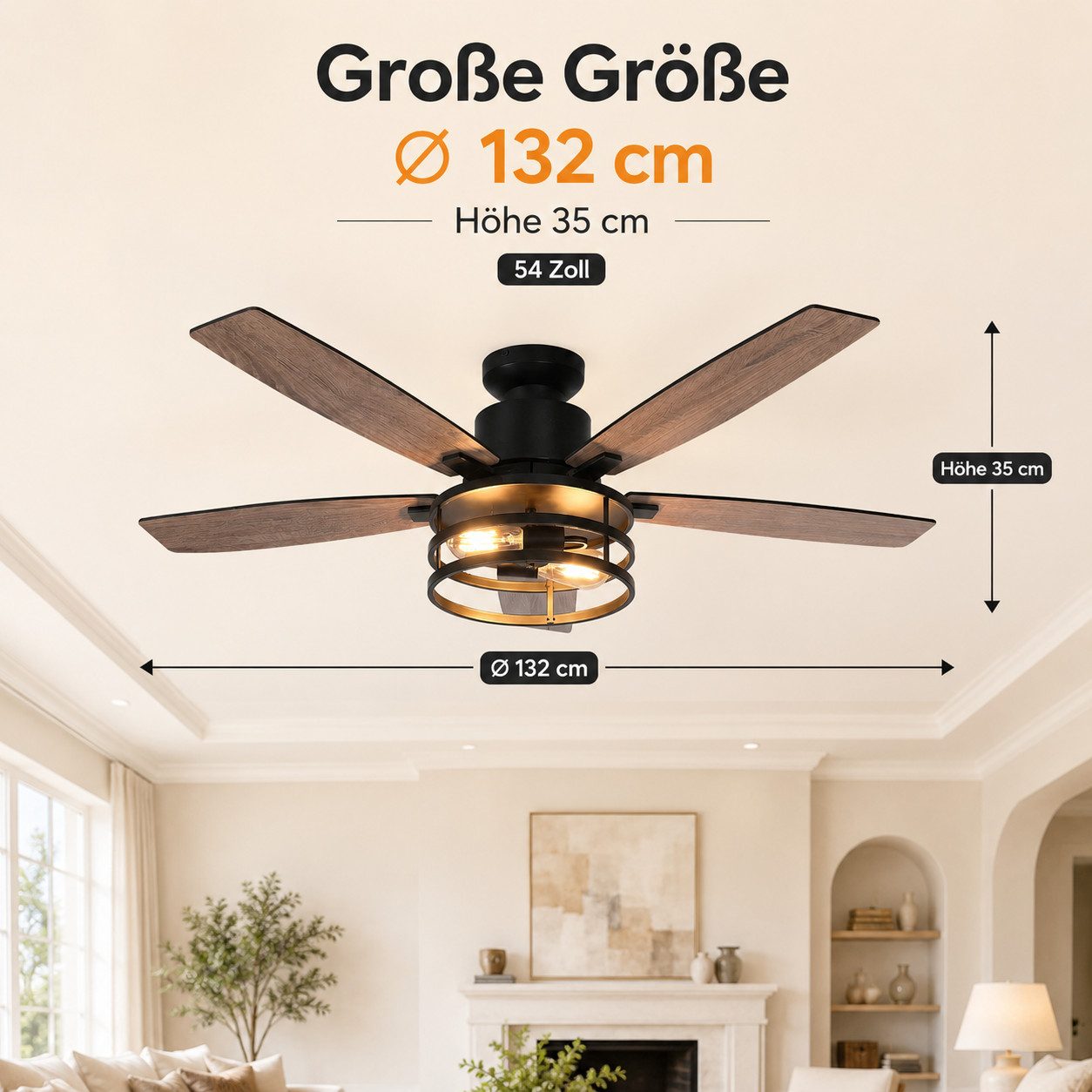 Lapalife Deckenventilator Mit Beleuchtung, Ventilator mit Licht, Leise, Doppelseitige Flügel, 6 Windgeschwindigkeitsstufen, Timer, mit 2 Glühbirnen