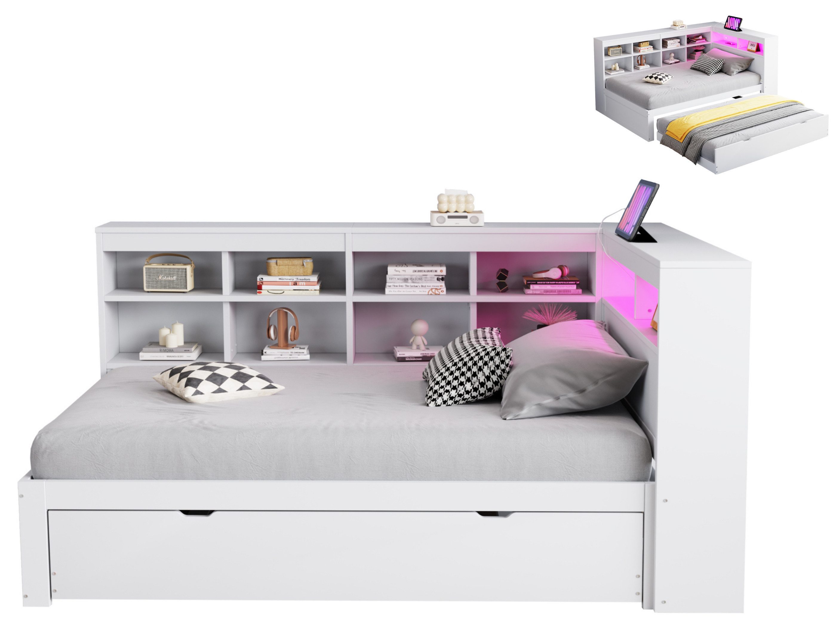 SeedWave Holzbett Multifunktionales Tagesbett Funktionbett mit Ausziehbett 90×200cm, Stauraumbett mit zehn offnen Fächern, USB-Anschluss