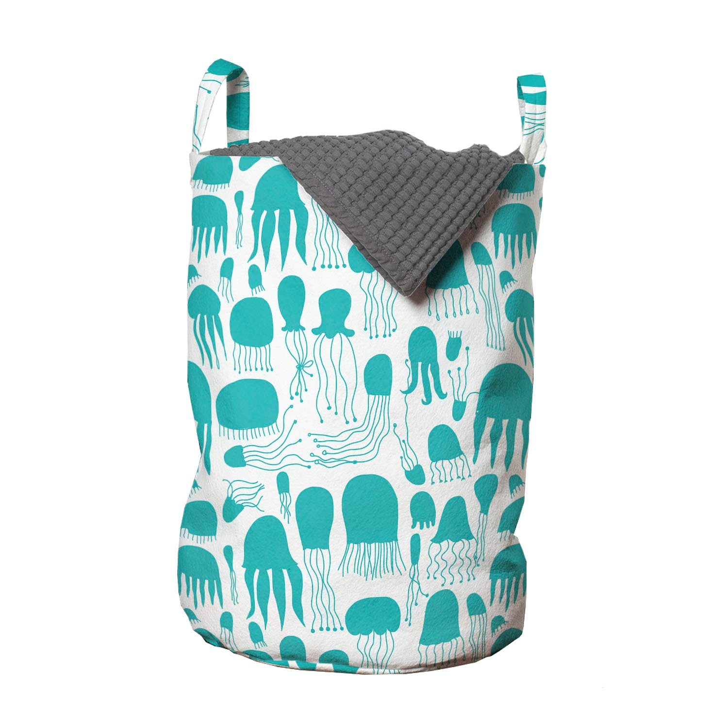 Abakuhaus Wäschesäckchen Wäschekorb mit Griffen Kordelzugverschluss für Waschsalons, Aqua Quallen Sea Life Silhouetten