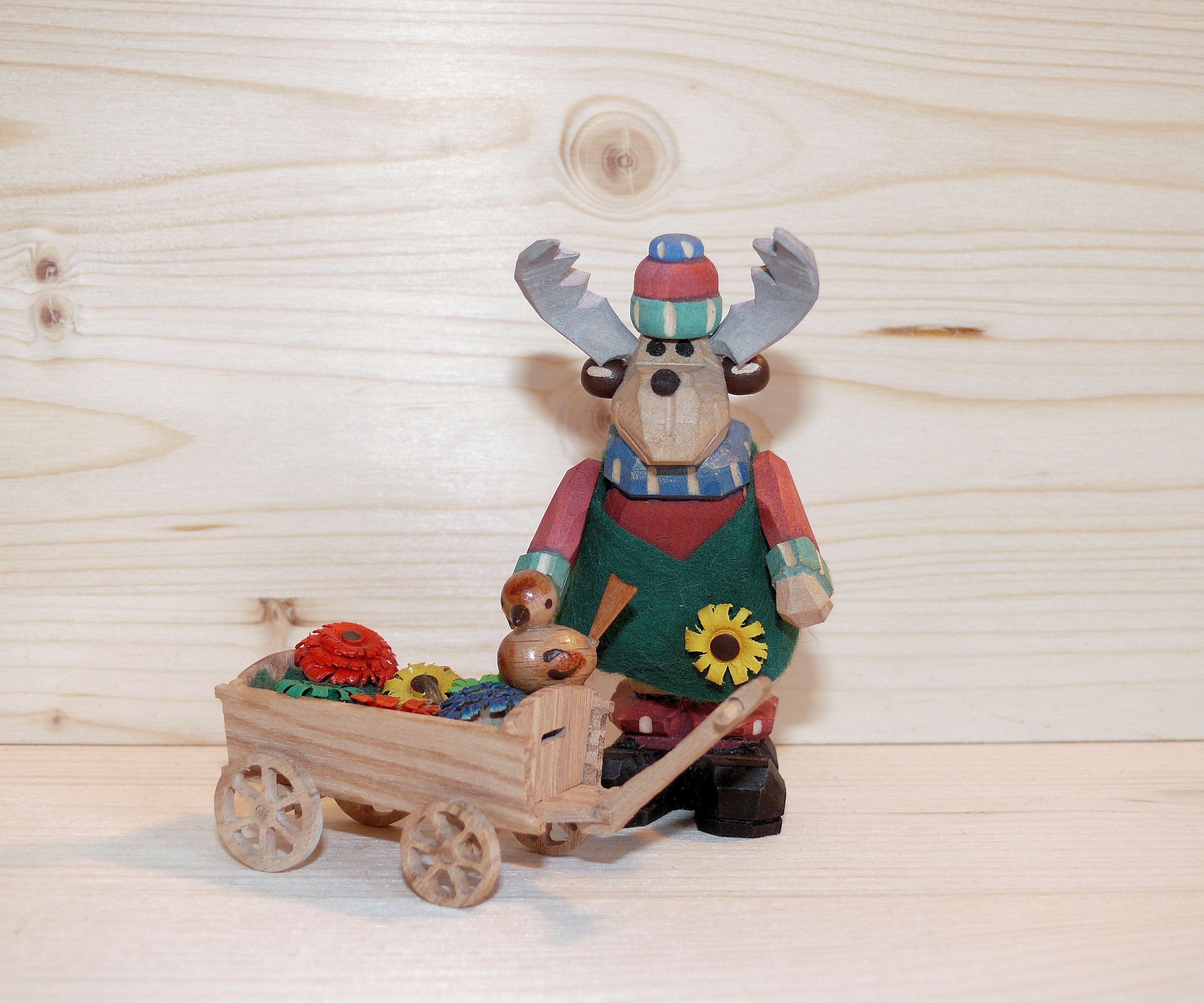 Weihnachtsfigur Holzfigur Elch Gärtner mit Handwagen Höhe 9cm NEU