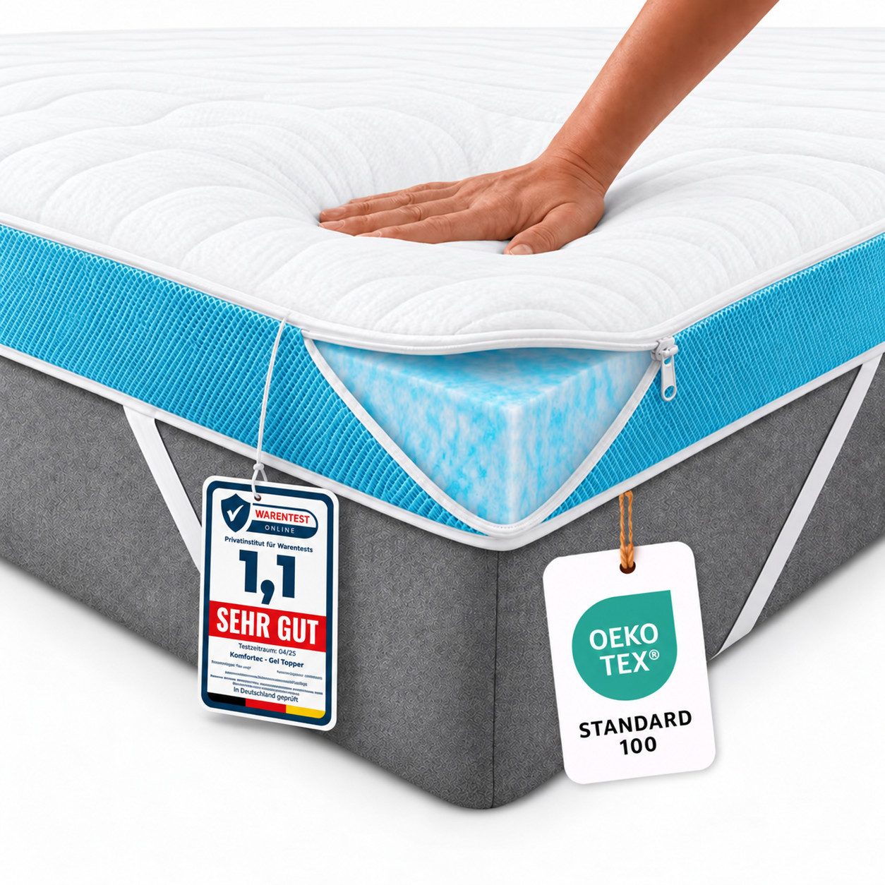 Komfortec, Topper Matratzentopper H3/H4 Oeko-TEX & CertiPUR-US Zertifiziert, 7.5 cm hoch, Gel-Memory, Atmungsaktiv, Ergonomisch