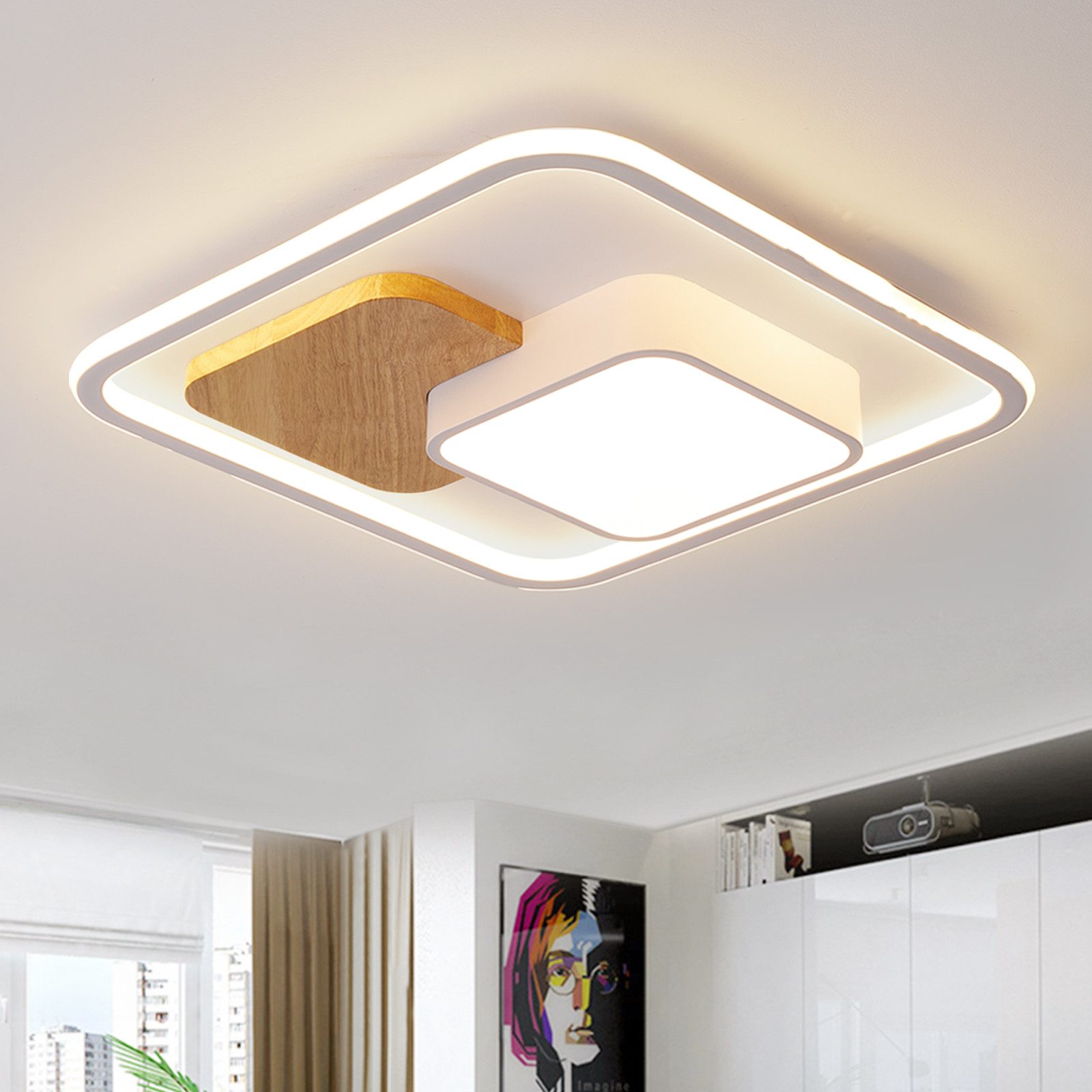 style home Deckenleuchte LED Deckenlampe dimmbar mit Fernbedienung, 90W-Ø50cm, LED fest integriert, Warmweiß bis Kaltweiß 3000K-6000K, Ø50x4cm, rund Leuchte für Wohnzimmer Schlafzimmer Küche Büro, Holz