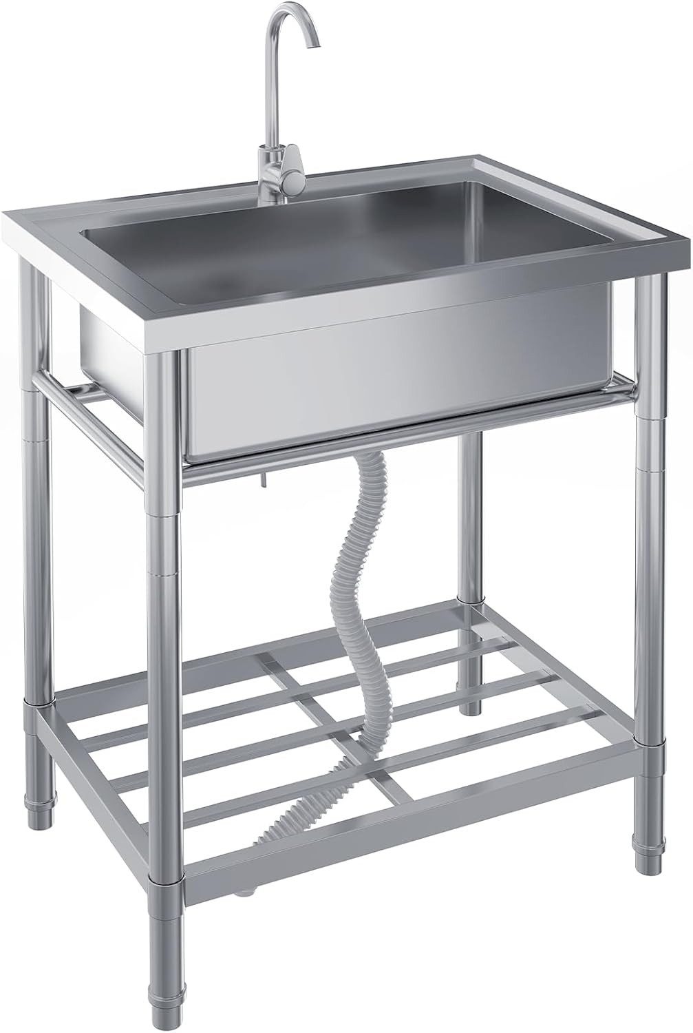 GarveeMore Küchenspüle Freistehende 1 Becken,71x51x86cm Gewerbliche Edelstahl Spülbecken, Edelstahl Spültisch Mit Wasserhahn Kalt Und Warmwasserschläuchen