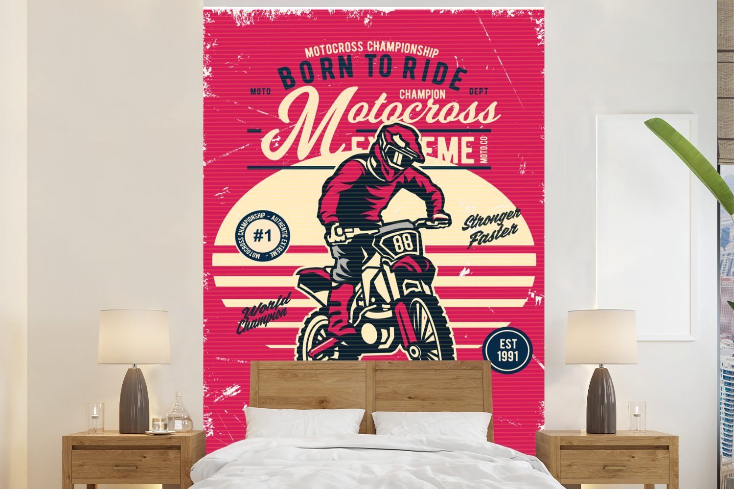 MuchoWow Fototapete Motocross - Vintage Tapete Angebot, Matt, Vinyl (3 Wandtapete bedruckt, Wohnzimmer, - St), für Montagefertig