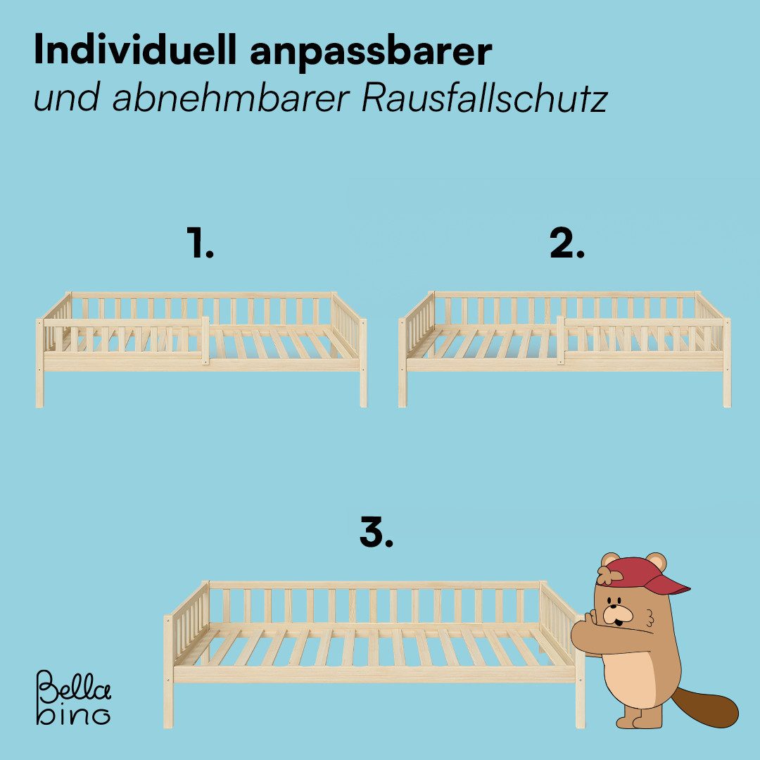 Bellabino Kinderbett Vils mit Lattenrost und Rausfallschutz 90x200 cm (natur, optional mit Matratze), aus Kiefer Massivholz
