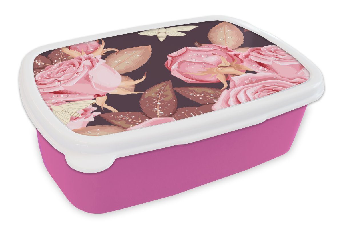 MuchoWow Lunchbox Rosen - Schmetterlinge - Rosa - Weiß, Kunststoff, (2-tlg), Brotbox für Erwachsene, Brotdose Kinder, Snackbox, Mädchen, Kunststoff