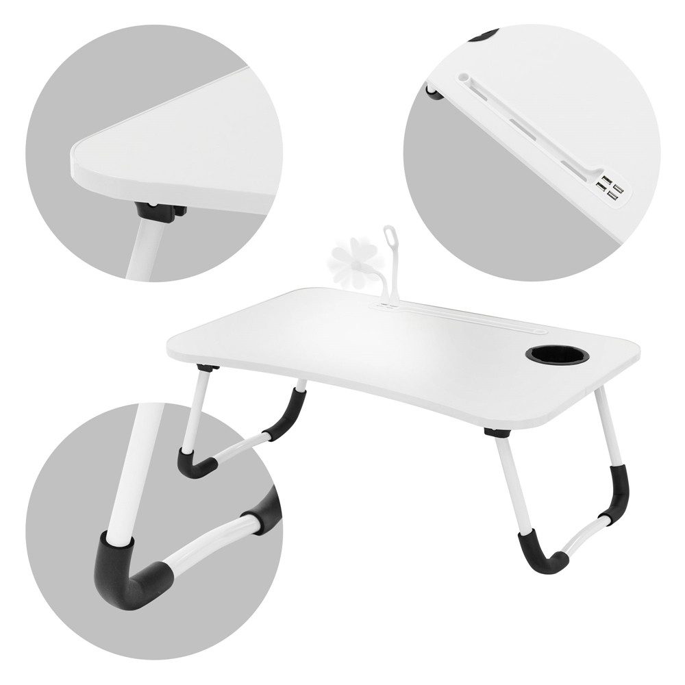 ML-DESIGN Laptoptisch Betttisch klappbar mit 4 USB Ladeanschluss für Bett/Sofa (1-St), Notebook Tisch Weiß mit Getränkehalter und USB-Lampe 60x40x25cm