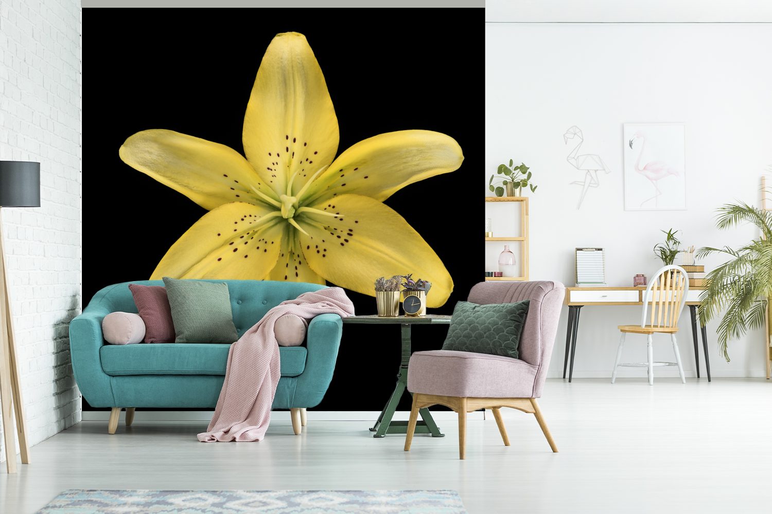 oder für Eine Wohnzimmer (5 gelbe Matt, bedruckt, Tapete Schlafzimmer, Vinyl auf St), Wandtapete Fototapete MuchoWow Lilienblüte Hintergrund, schwarzem