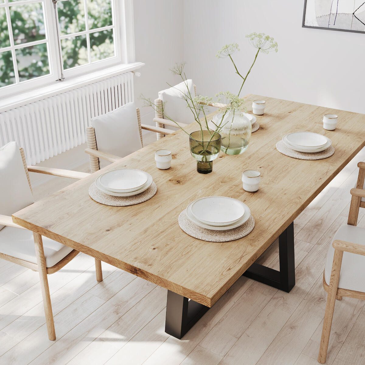 Rellgo Esstisch aus Eiche, Massivholztisch Rechteckig mit Kreuzgestell, Gerade Kante, Wildeiche geölt, Handgefertigt in Deutschland