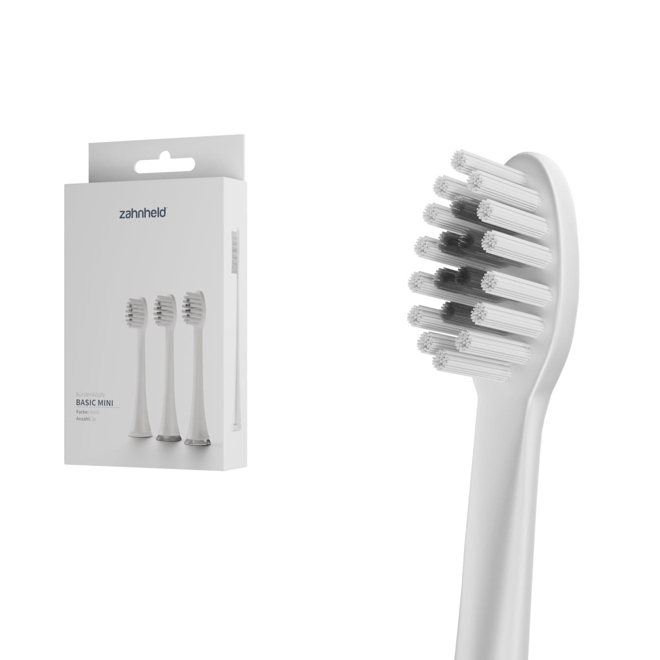 Zahnheld Aufsteckbürsten Basic Mini für Schallzahnbürste Gero, kleine Wechselköpfe, im 3er, 6er oder 9er Set, Zahnpflege Set, schmale Wechselköpfe, plastikfrei verpackt, 3 Stück, weiß