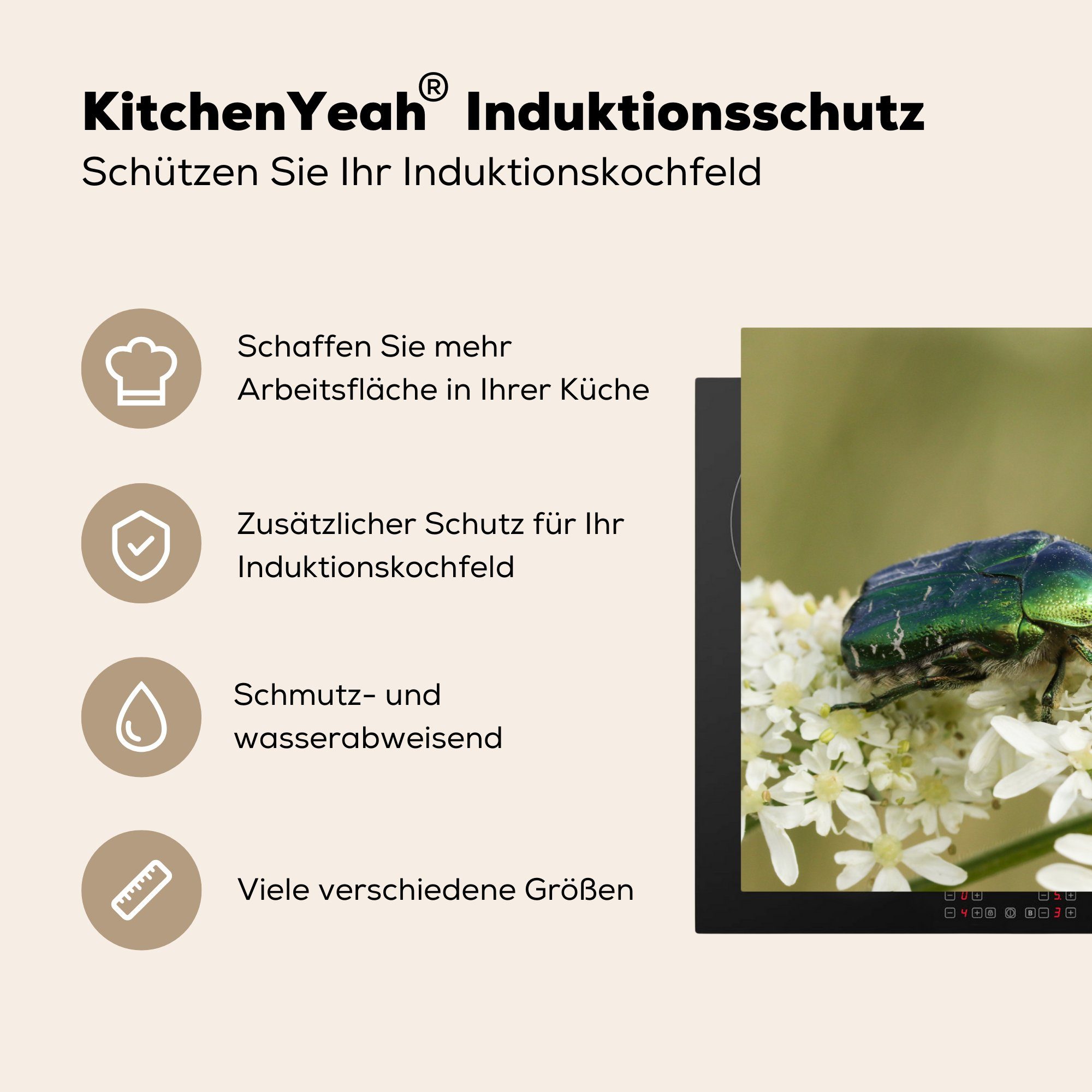 MuchoWow Herdblende-/Abdeckplatte Käfer - tlg), - Vinyl, Induktionskochfeld cm, (1 küche, Ceranfeldabdeckung die 81x52 Schutz Blume Grün, für