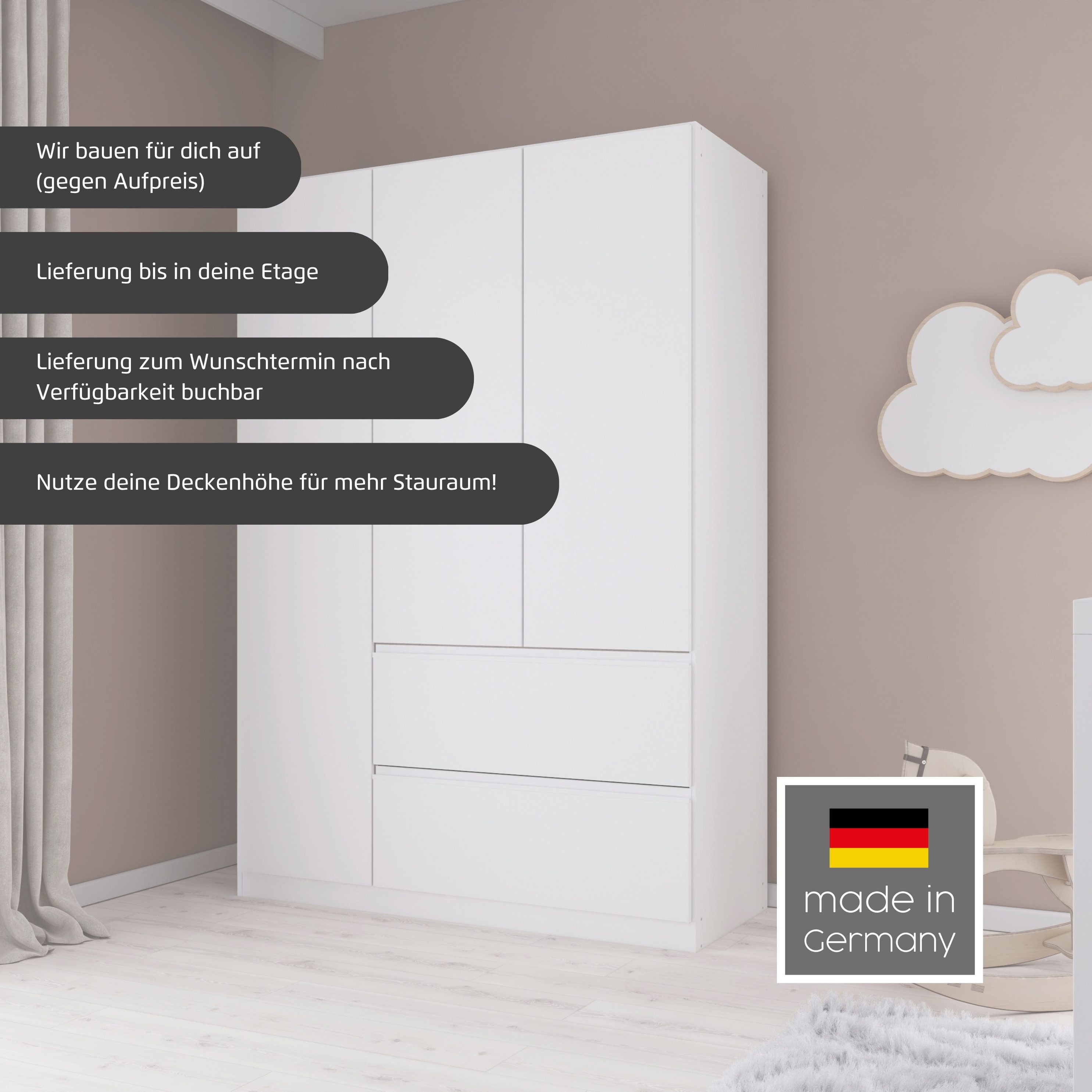 rauch Jugendzimmer-Set Komplettzimmer Schlafzimmer-Set (5-St) Jugendzimmer-Set JOEL, (Set, 5-tlg., Bett 90x200 oder 140x200 cm, Ausstattungspakete BASIC/CLASSIC/PREMIUM), Bett 2 Breiten,Nachttisch,Tisch,Rollcontainer,Schrank MADE IN GERMANY