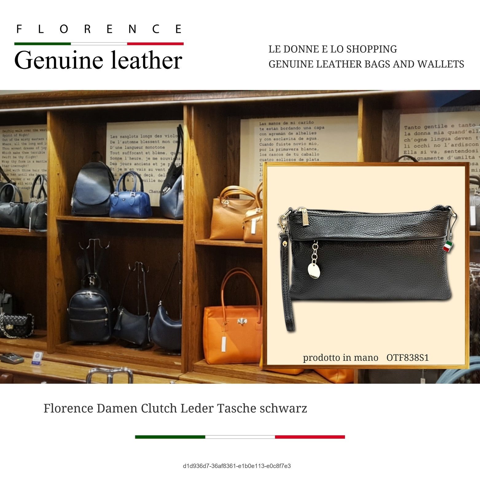 FLORENCE Clutch Florence Damen Clutch Leder Tasche (Clutch, Clutch), Damen Tasche Echtes Leder schwarz, Made-In Italy
