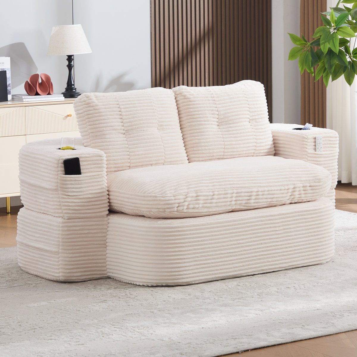 Odikalo Sessel 2-in-1 Schlafsessel mit bettfunktion ausziehbar (Cord, Schlafsofa mit Liegefunktion, Komprimiertes Bodensofa mit Verstellbaren Armlehnen, 2 Getränkehaltern, Hoher Rückenlehne und Extra Tiefer Sitzfläche)