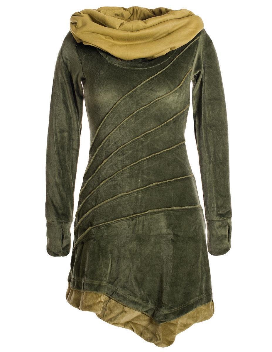 Vishes Zipfelkleid Asymmetrisches Patchwork Samtkleid Schalkragen Hippie, Elfen, Hoody, Boho Style