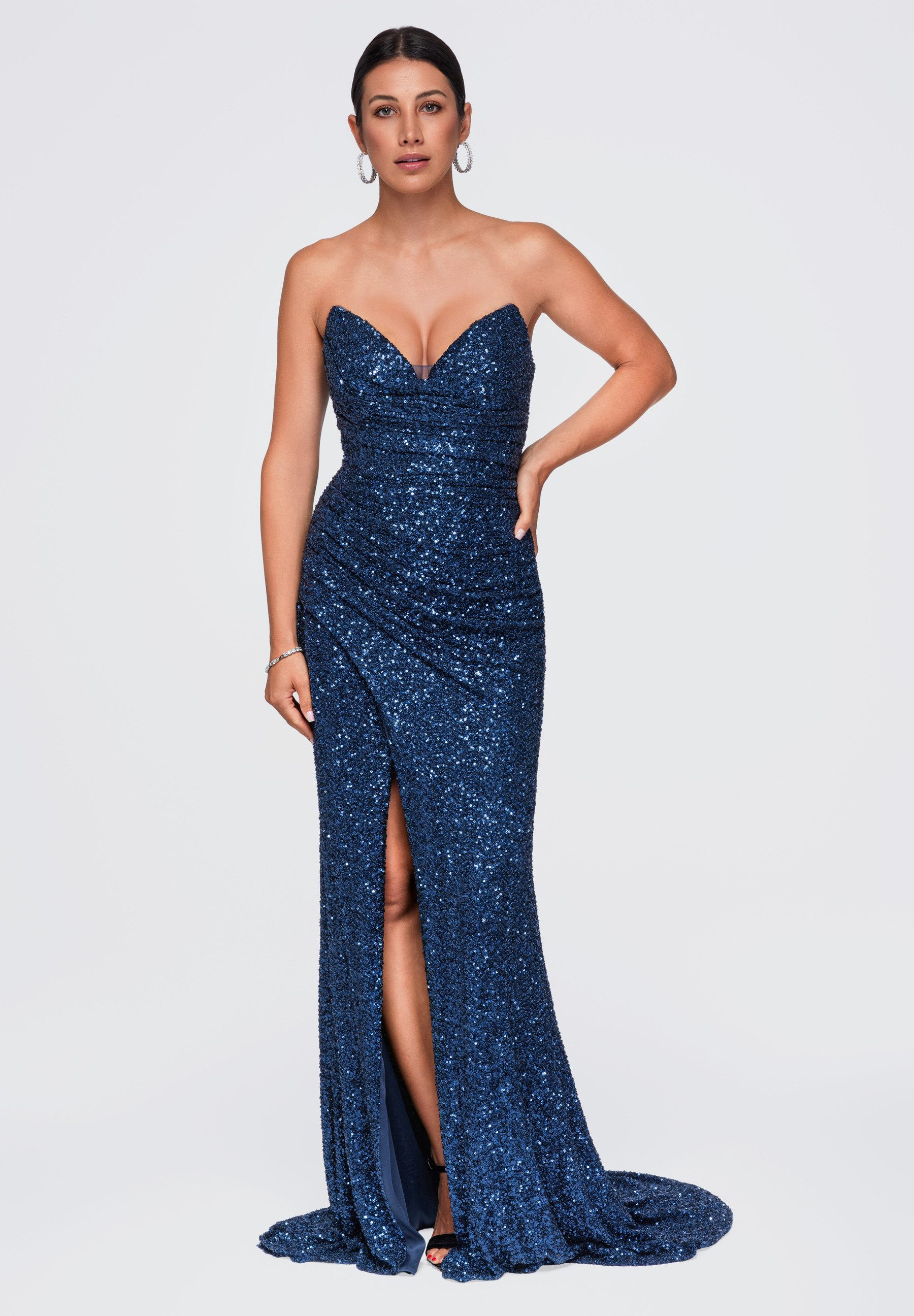 OMBRE Abendkleid Damen Abendkleid mit Herz-Ausschnitt und Pailletten Navy L (kein Set, 1-tlg) in Unifarbe – Bild 2 von 5