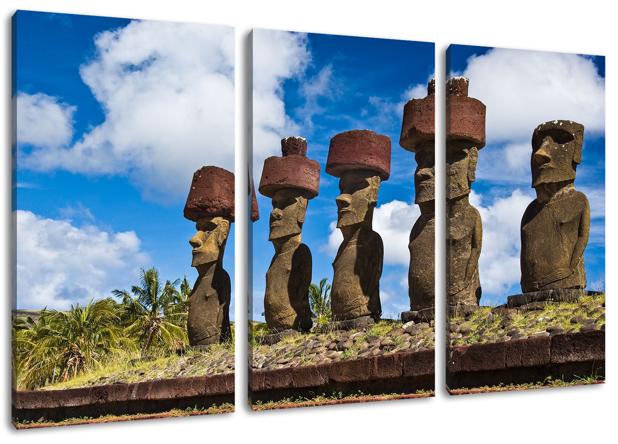 Pixxprint Leinwandbild Moai Statuen Osterinseln, Leinwandbild Zackenaufhänger 3Teiler (1 Osterinseln fertig Statuen inkl. Moai St), (120x80cm) bespannt
