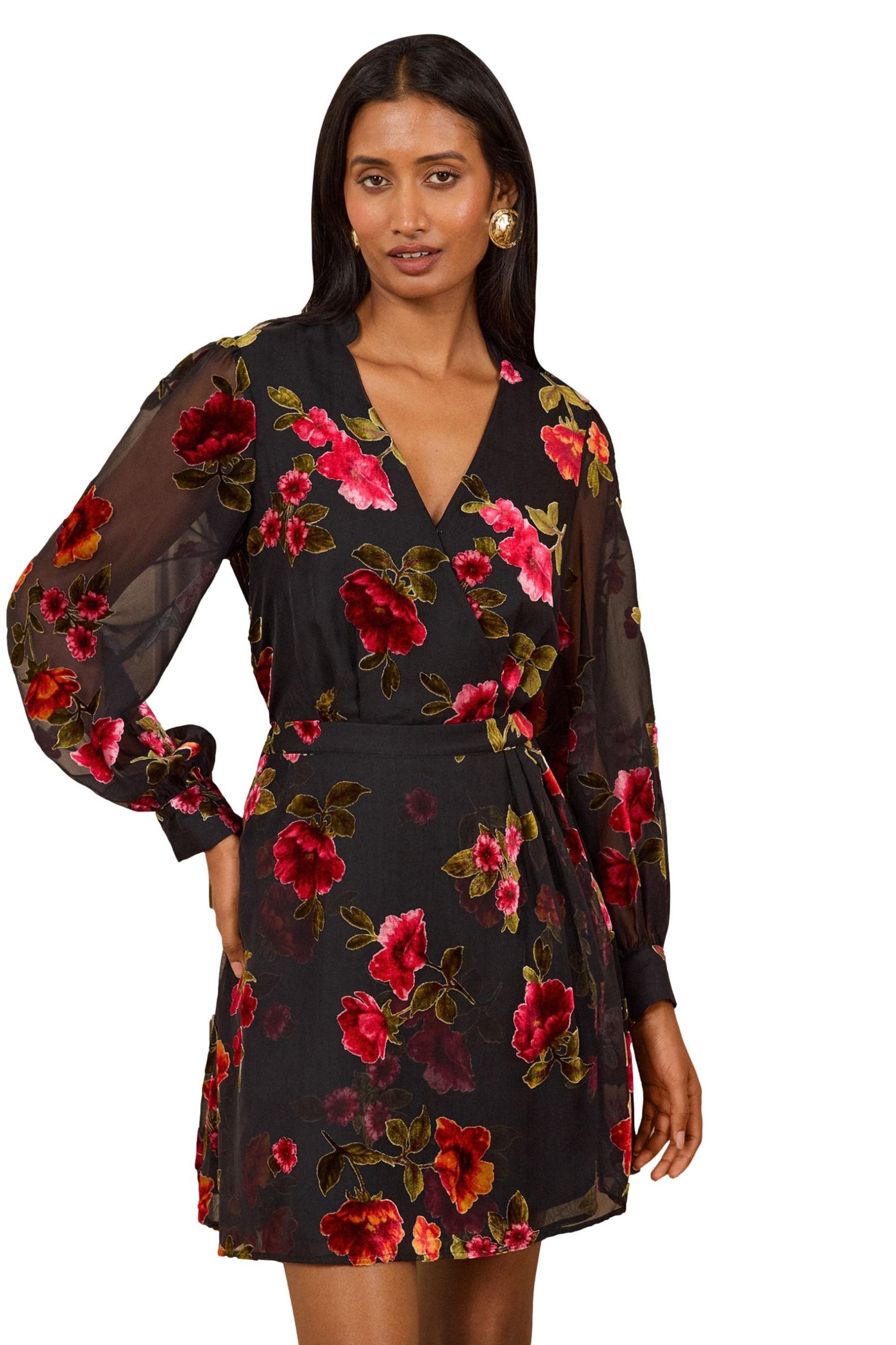 Love & Roses Wickelkleid Love & Roses Florales Devore-Minikleid im (1-tlg)