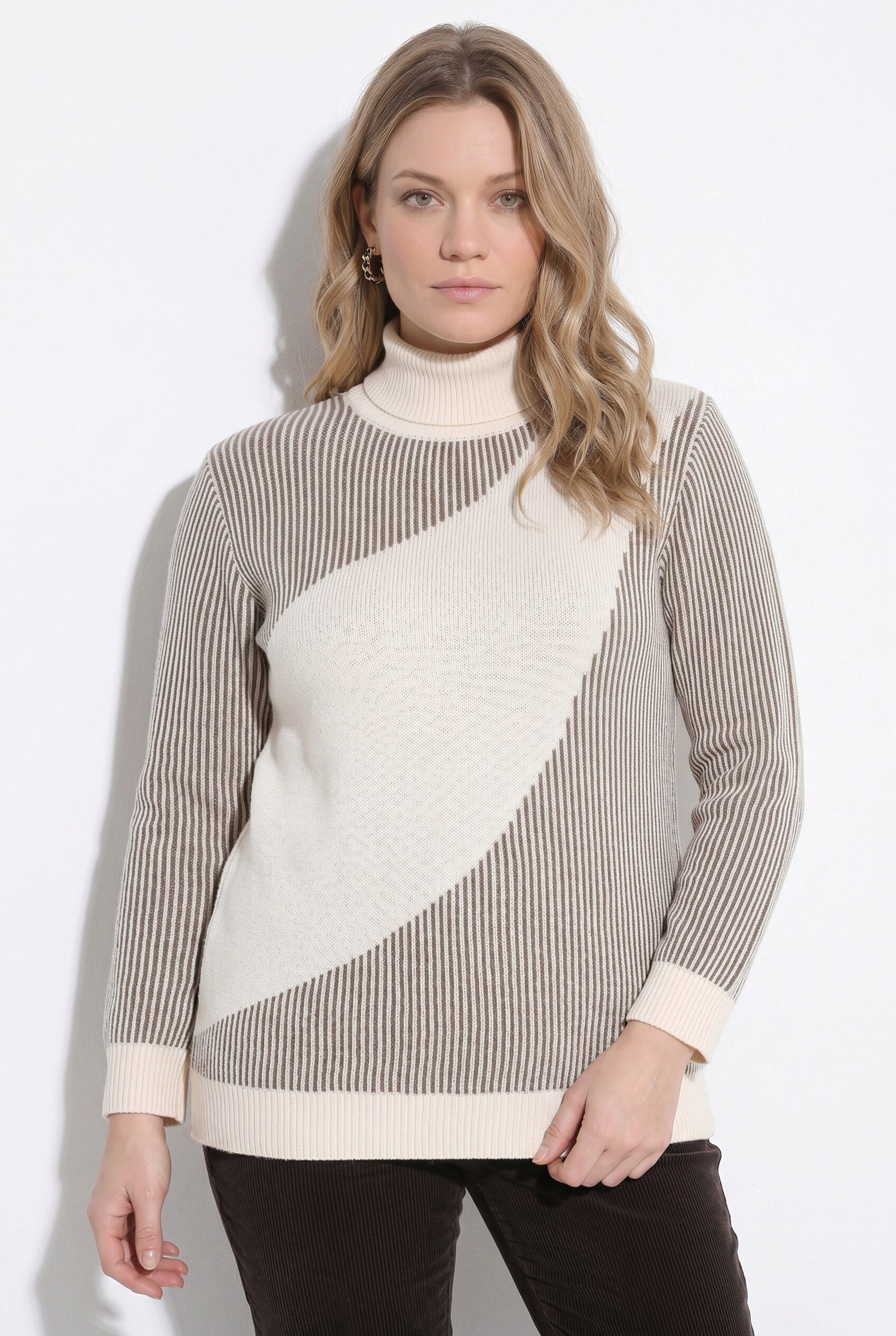 Ulla Popken Strickpullover Pullover Rippstrick Rollkragen Langarm