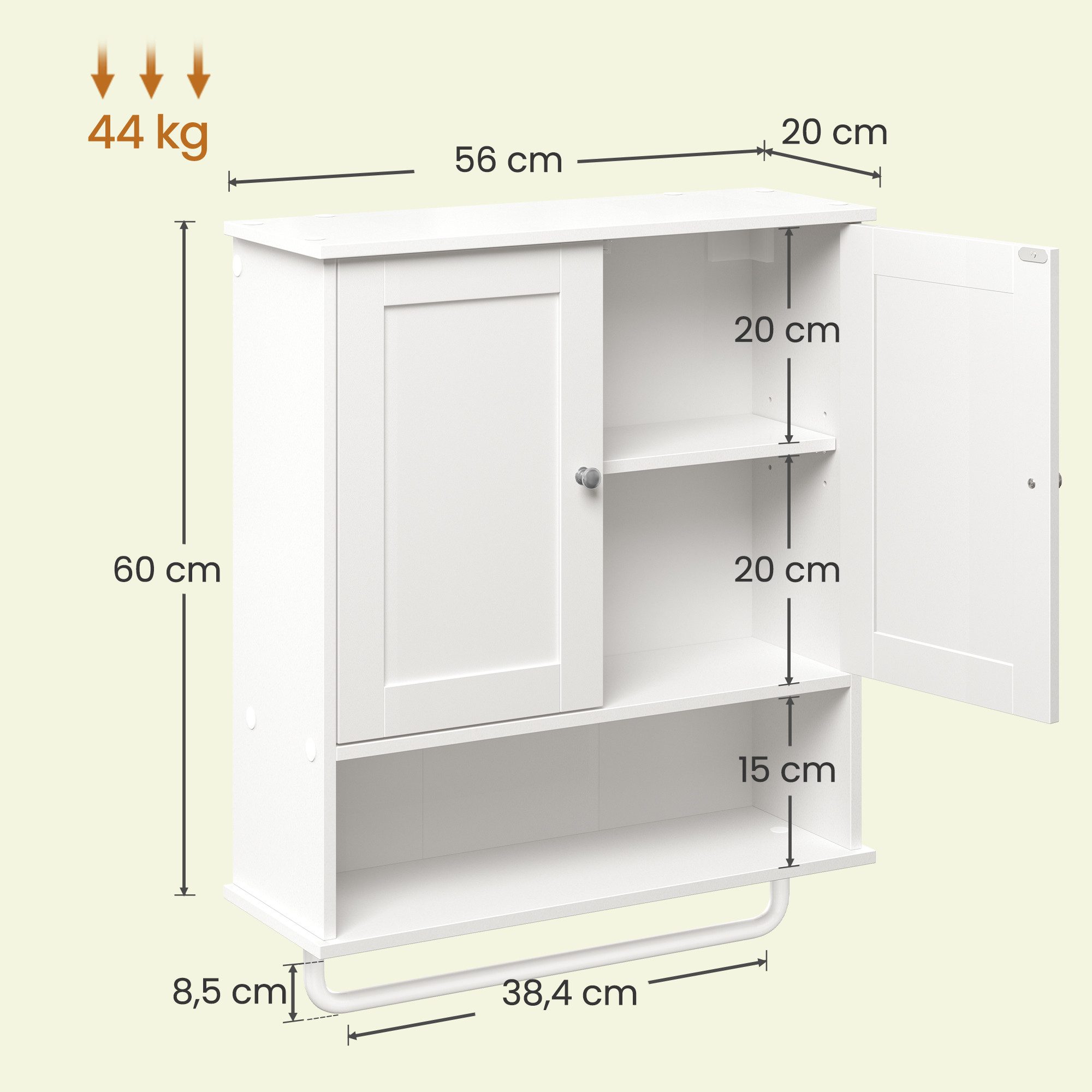 VASAGLE Hängeschrank Badezimmerschrank, Medizinschrank mit verstellbarem Einlegeboden Wandschrank mit Türen, Handtuchhalter und offenem Fach