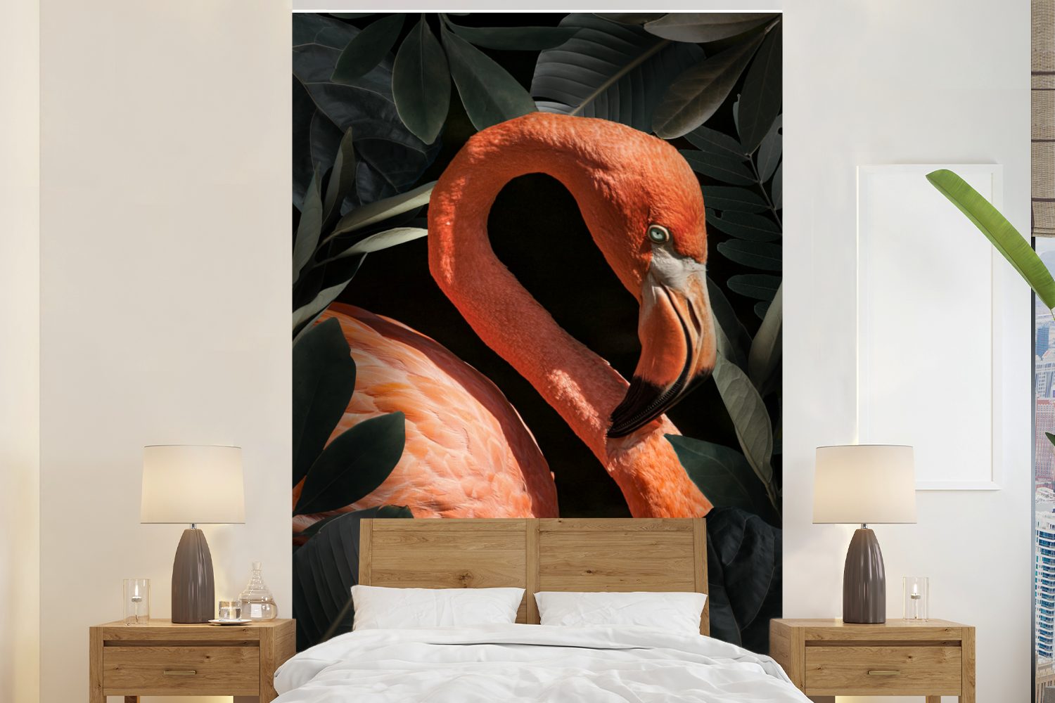 MuchoWow Fototapete Flamingo - Porträt - Blätter, Matt, bedruckt, (3 St), Montagefertig Vinyl Tapete für Wohnzimmer, Wandtapete