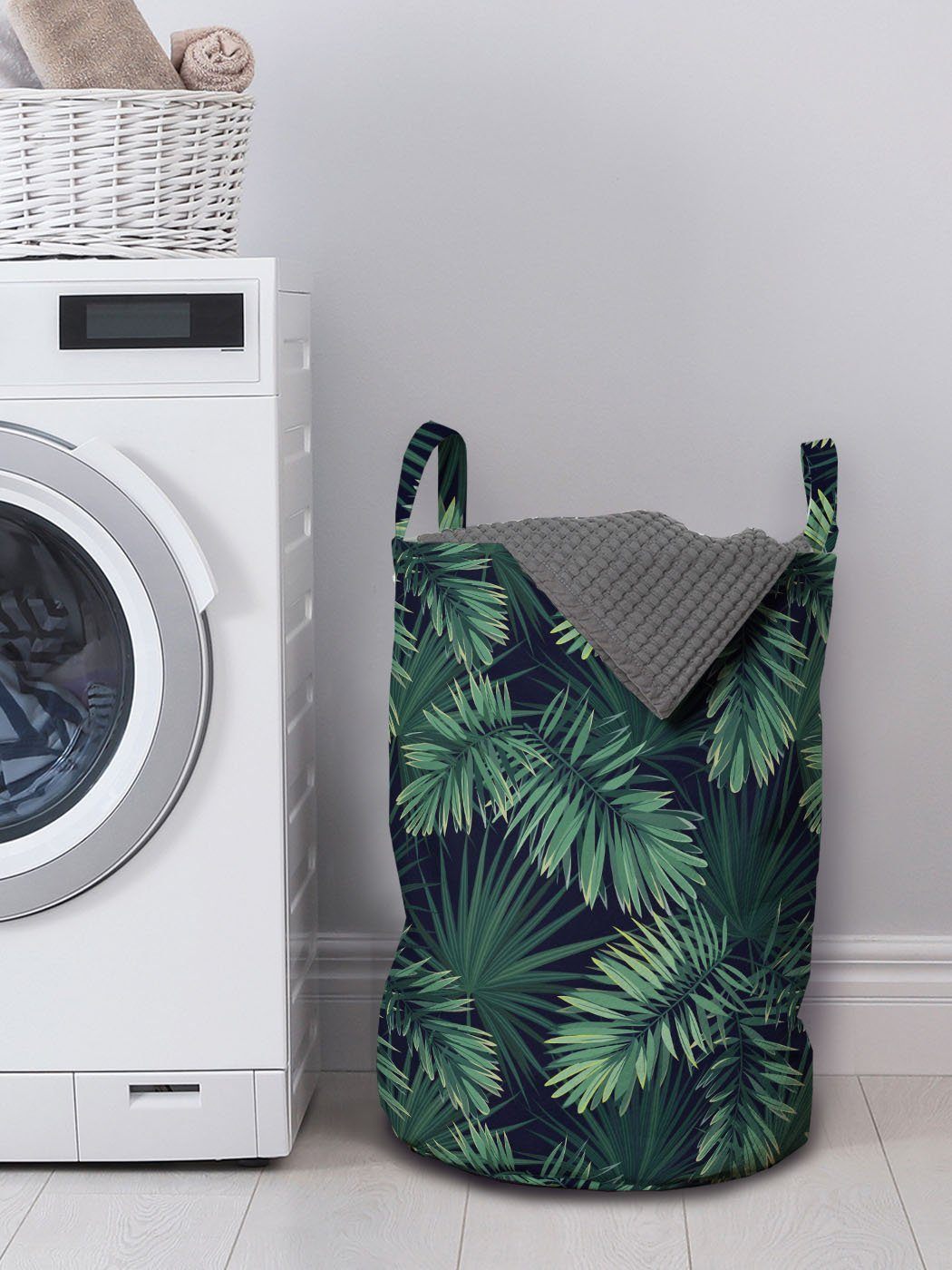 Laub Exotische Wäschekorb Abakuhaus Muster Griffen Kordelzugverschluss Wäschesäckchen Waschsalons, Palme Dschungel für mit