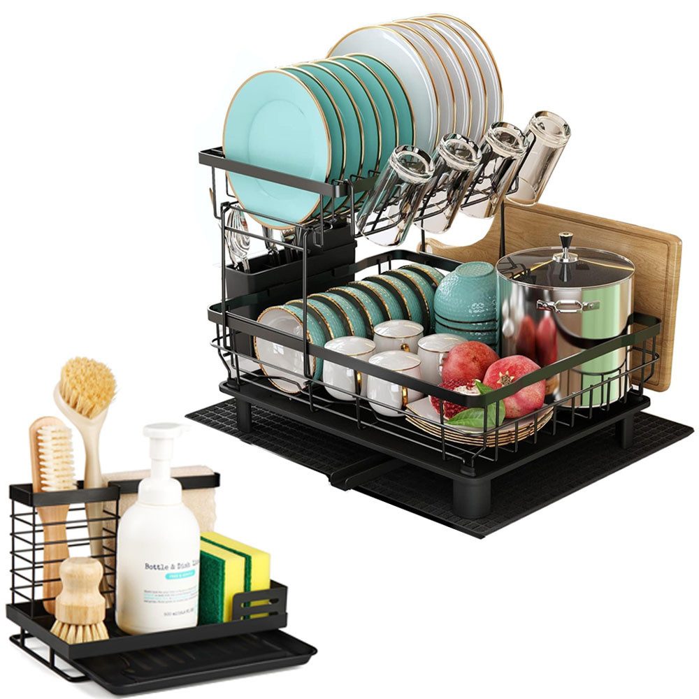 SURFOU Geschirrständer Abtropfgestell Geschirr Geschirrabtropfgestell Spüle Spüllappenhalter, Zubehör für Küche 2-Tier Geschirrabtropfgestell, mit Utensilienhalter,Getränkehalter und 360°Drehbarem Auslauf, Spülbecken-Organizer mit Abnehmbare Tropfschale, für Spülbürsten, Schwämme, Seifenflaschen,Hochwertiger Kohlenstoffstahl, rostfrei, langlebig