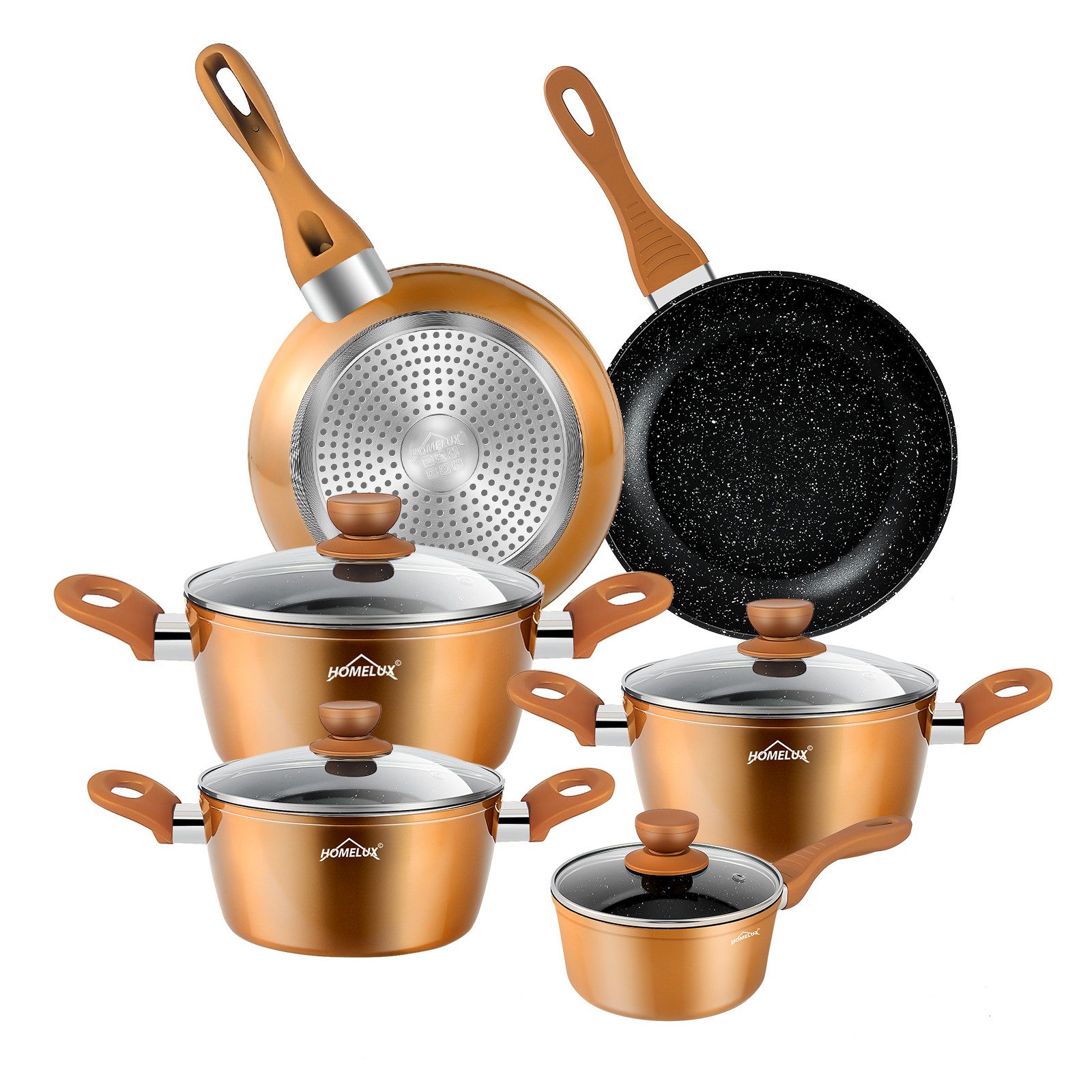 HOMELUX Topf-Set Induktions Кастрюли Set Classic Antihaftbeschichtung Kochtopfset, Aluminium (Kochgeschirr-Set, 10-tlg., 3x Kochtopf, 2x Bratpfanne,1x Saucentopf,4x Glasdeckel), Induktionsgeeignet