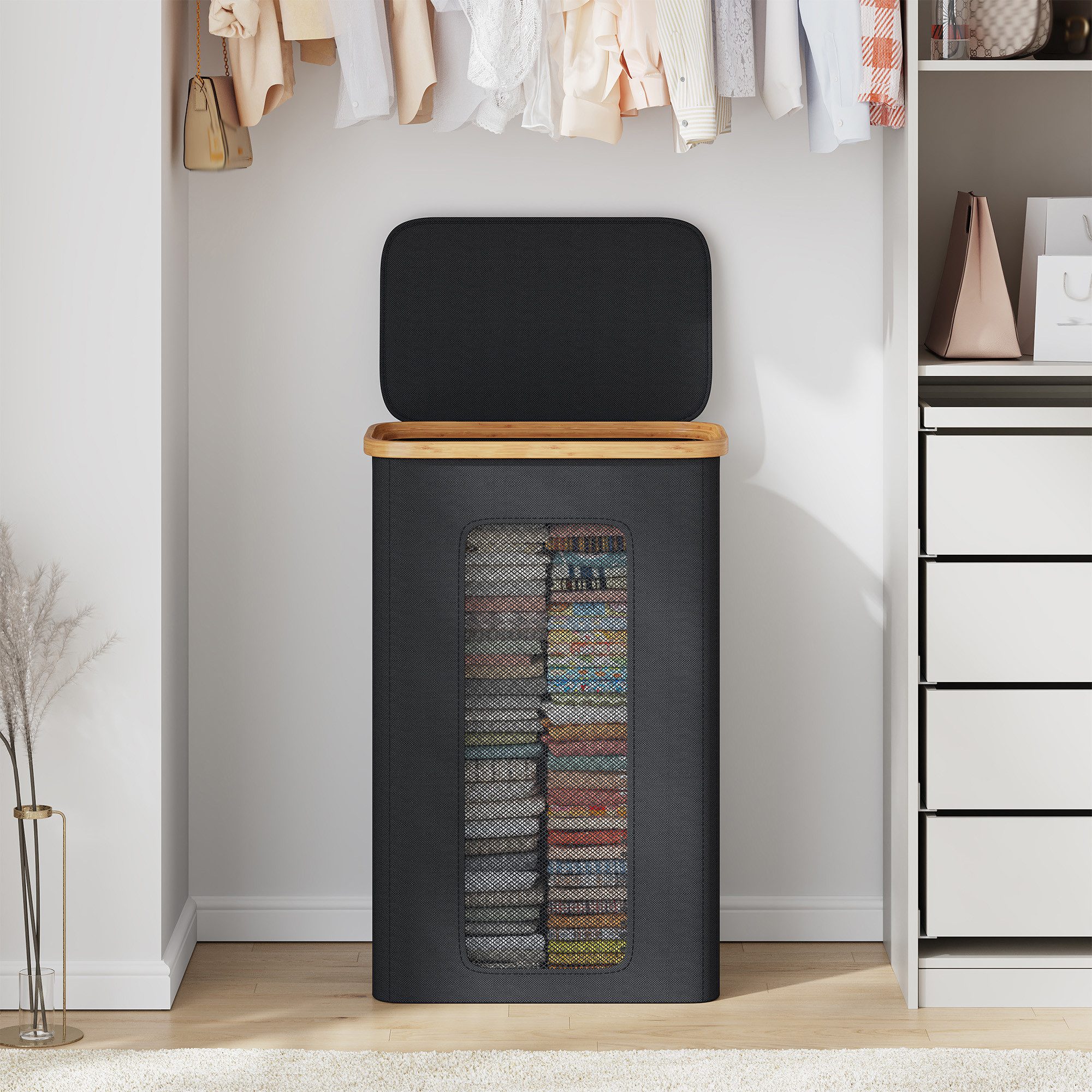 Klyvvo Wäschekorb mit Deckel, aus Bambusrahmen & 600D wasserdichtem Oxford Stoff (1 St), mit herausnehmbarer Innentasche für Schlafzimmer und Badezimmer