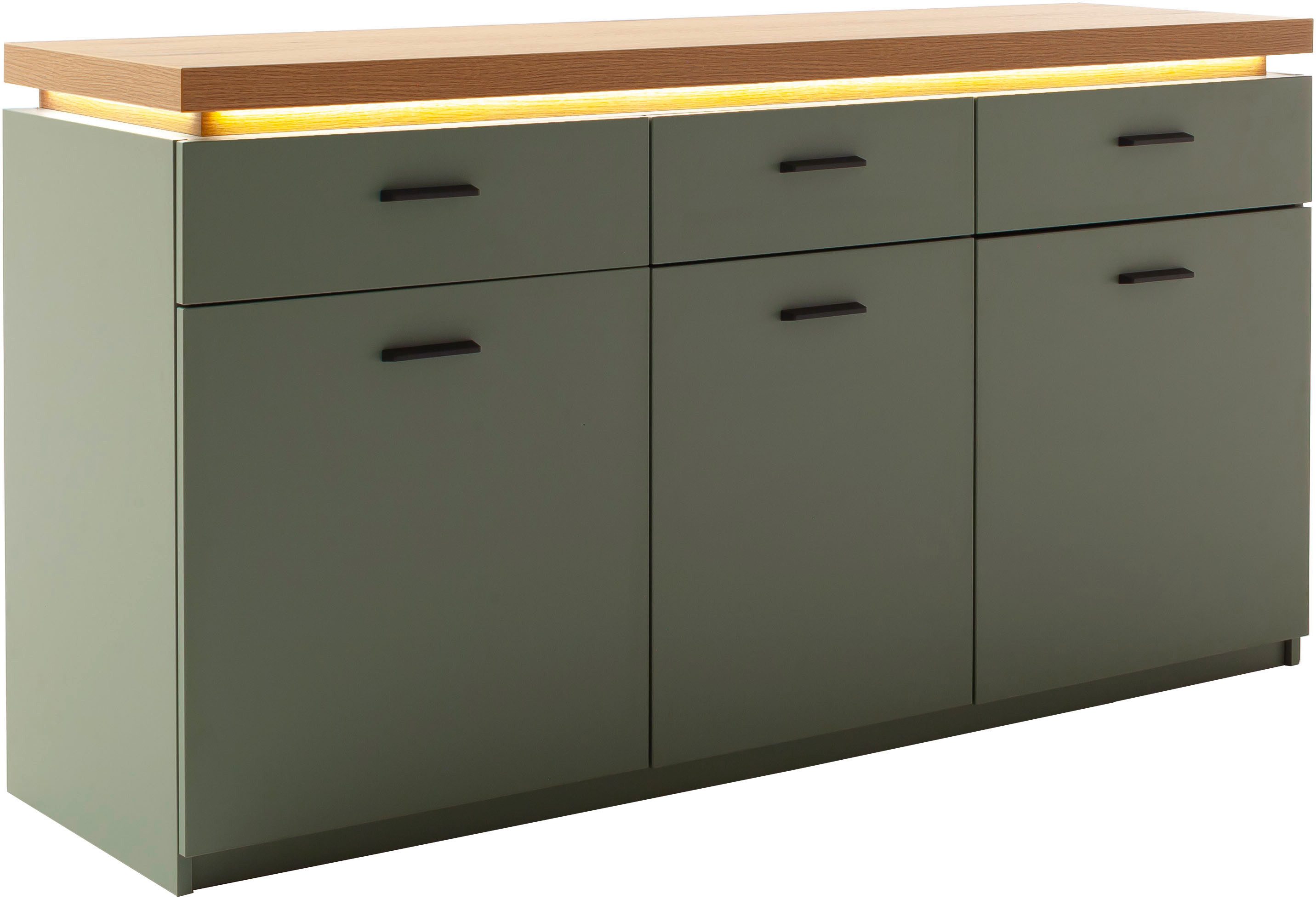 MCA furniture Sideboard MONIZ Sideboard (1 St), Kommode,Eiche Salbeigrün,3 Türen,3 Schubkästen,gedämpft,Breite 156 cm