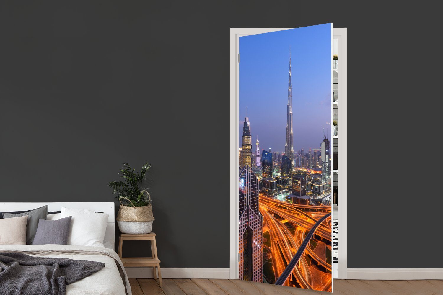 Fototapete MuchoWow von Neonlichter 75x205 Burj vielen bedruckt, als St), dem für Die Matt, (1 Tür, Khalifa Türaufkleber, mit Dubai Türtapete Mittelpunkt, cm