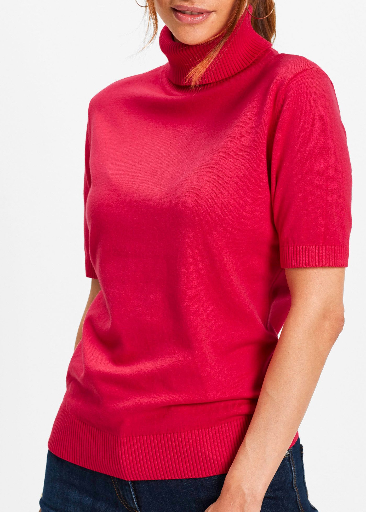 bonprix Kurzarmpullover im Feinstrick-Baumwoll-Mix, mit hohem Rollkragen